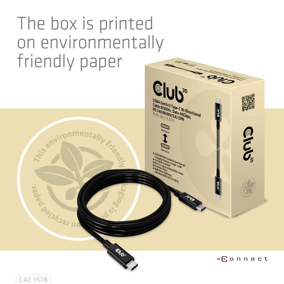 Eine Verpackung von 'Club 3D' mit umweltfreundlichem Papier bedruckt. Enthält ein USB 3.2 Gen1 USB-C Kabel.