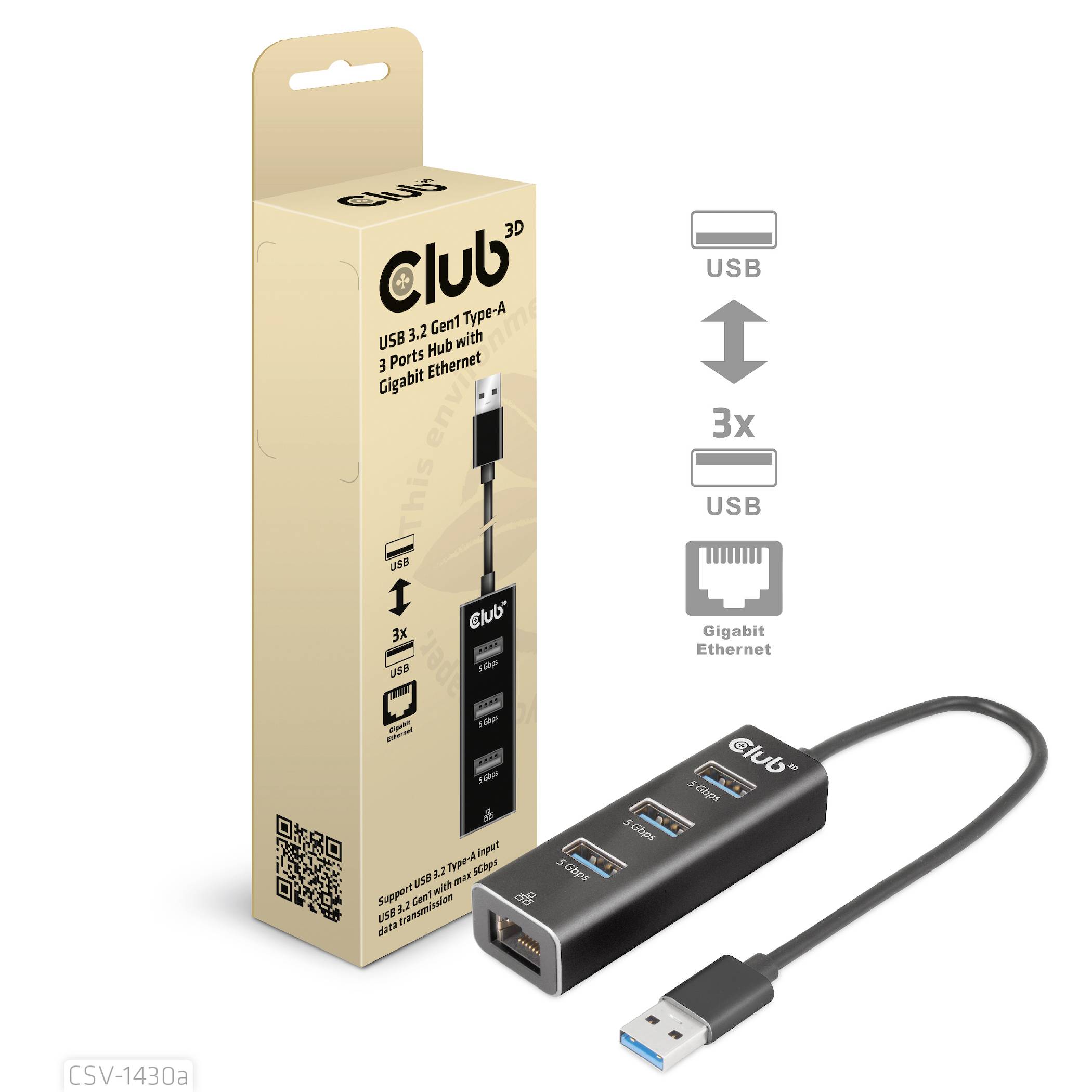 Club3D CSV-1430A USB 3.2 Gen 1 (USB 3.0) / RJ45 Adapter Schwarz 18cm