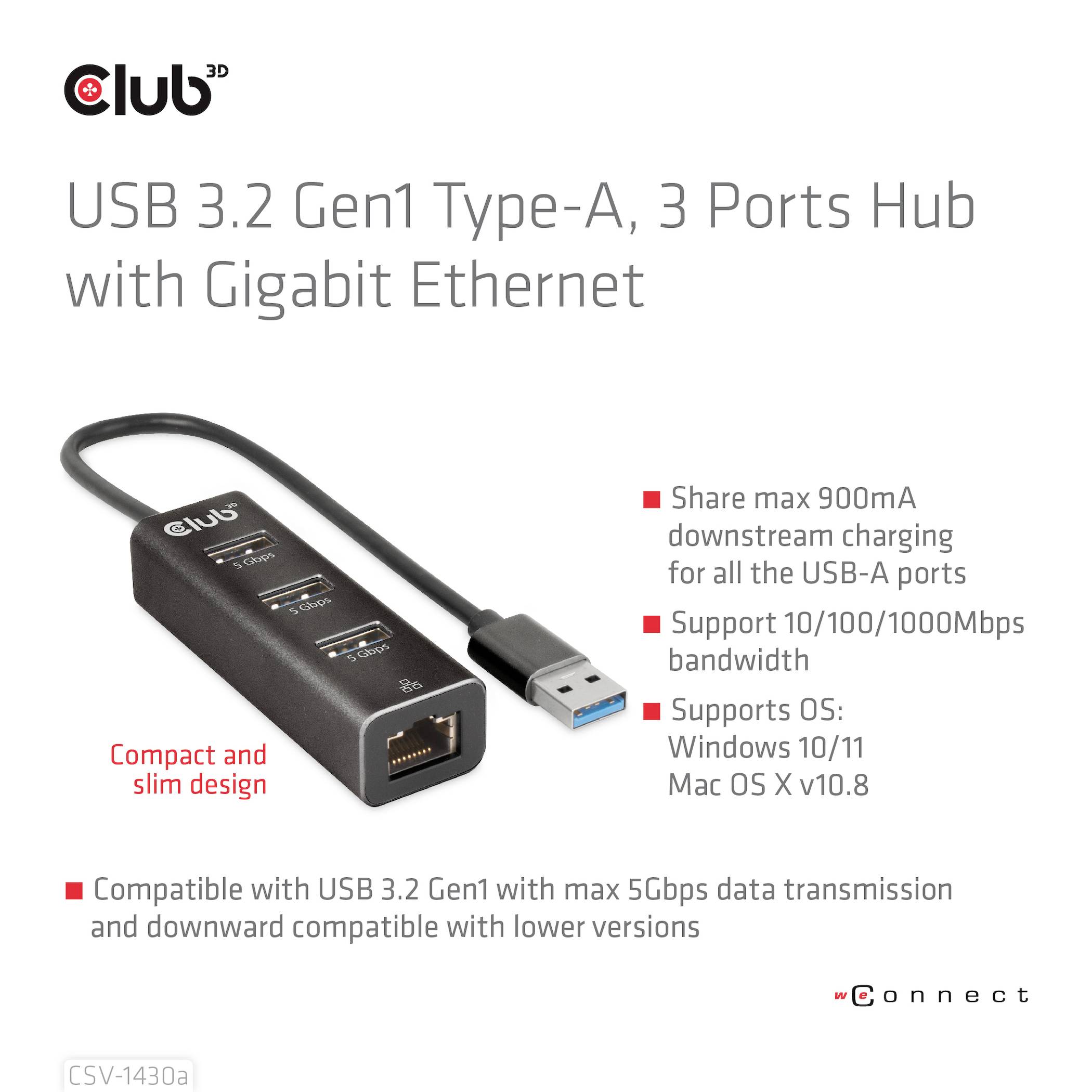 Club3D CSV-1430A USB 3.2 Gen 1 (USB 3.0) / RJ45 Adapter Schwarz 18cm