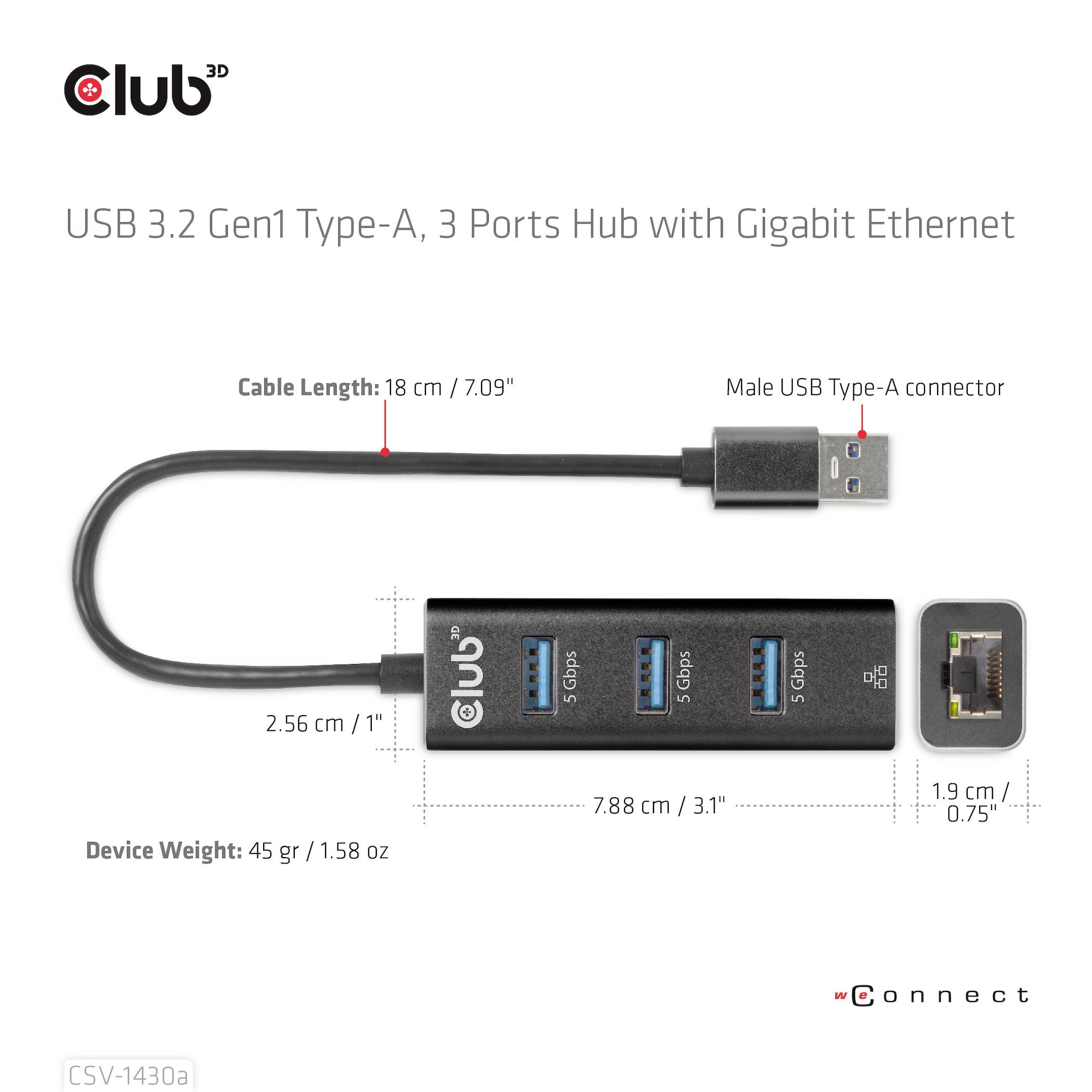 Club3D CSV-1430A USB 3.2 Gen 1 (USB 3.0) / RJ45 Adapter Schwarz 18cm