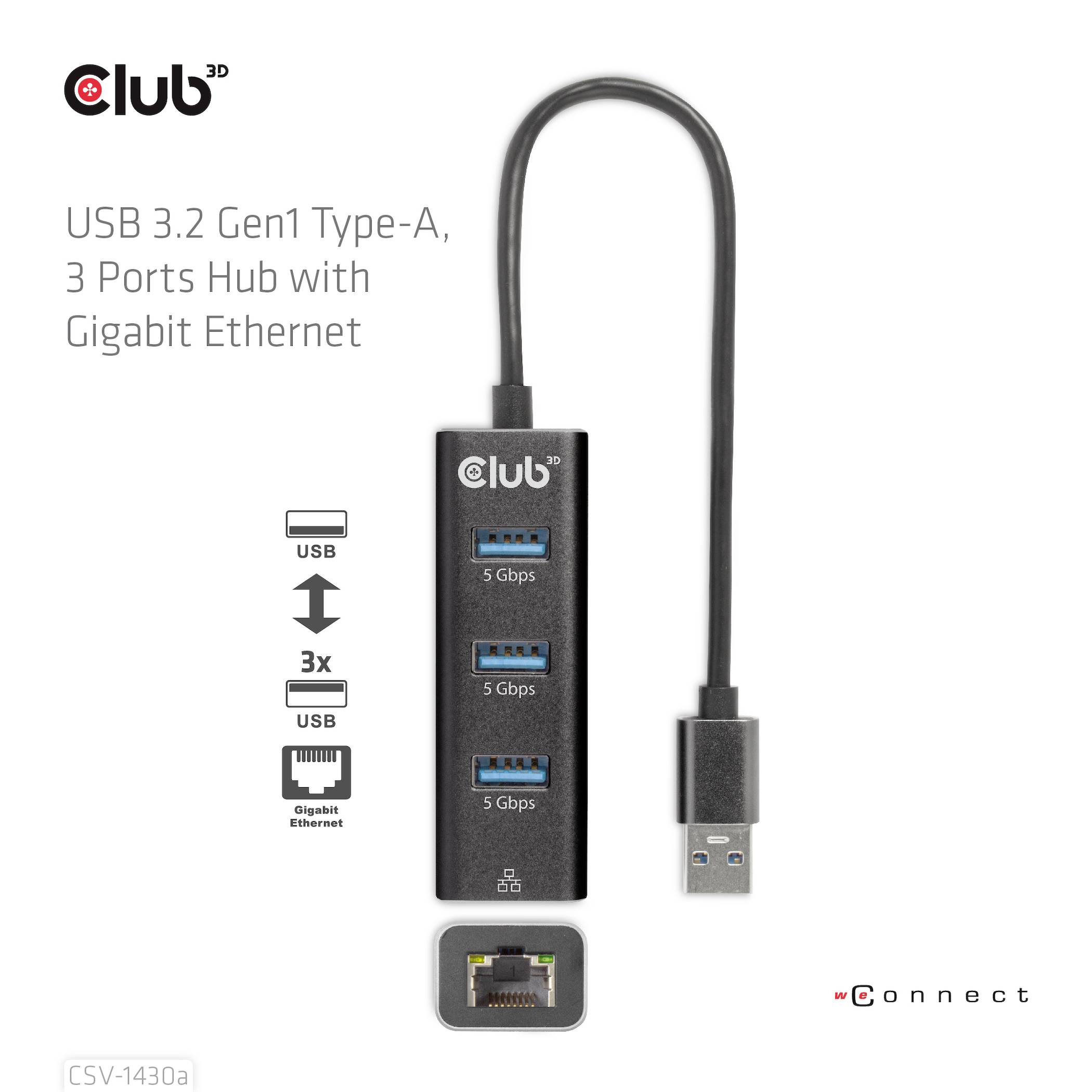 Club3D CSV-1430A USB 3.2 Gen 1 (USB 3.0) / RJ45 Adapter Schwarz 18cm