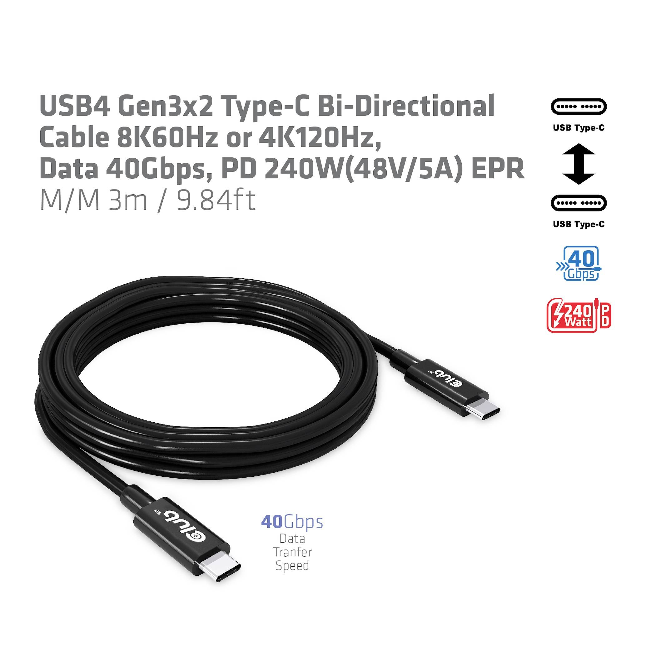 USB4 Gen3x2 Type-C Kabel, 3m, unterstützt 8K/4K, 40Gbps Datentransfer, 240W PD. Schwarzes Kabel mit USB-C Anschlüssen.