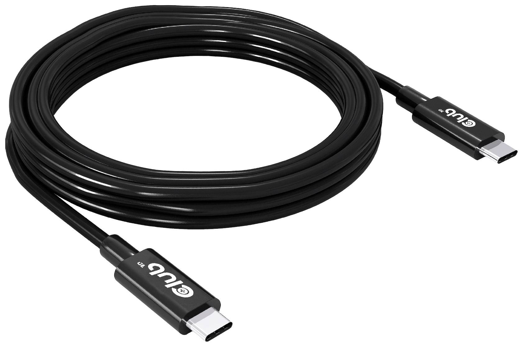 Ein schwarzes USB-C-Kabel, das aufgerollt ist. Beide Enden haben USB-C-Stecker.