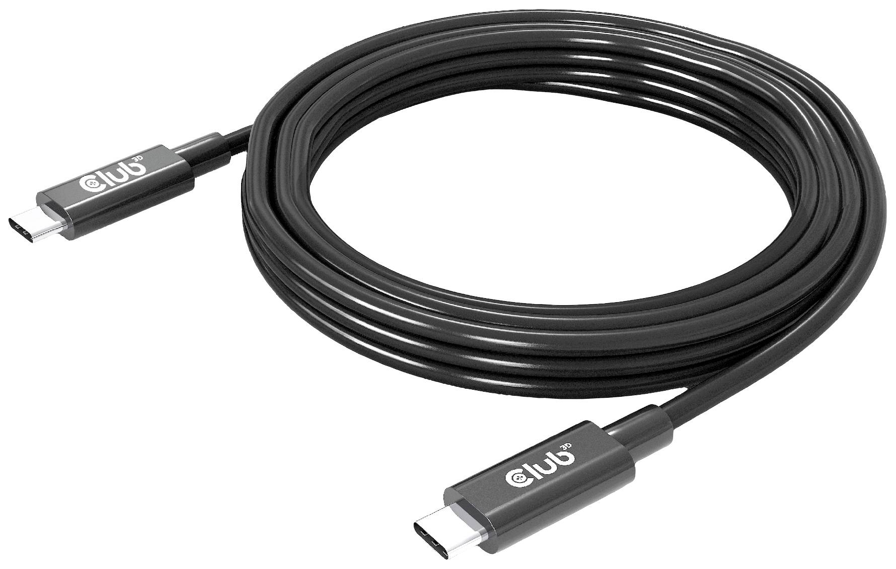 Schwarzes USB-C-Kabel mit zwei Steckern, aufgerollt. Geeignet für Verbindungen zwischen Geräten wie Smartphones, Laptops oder Tablets.