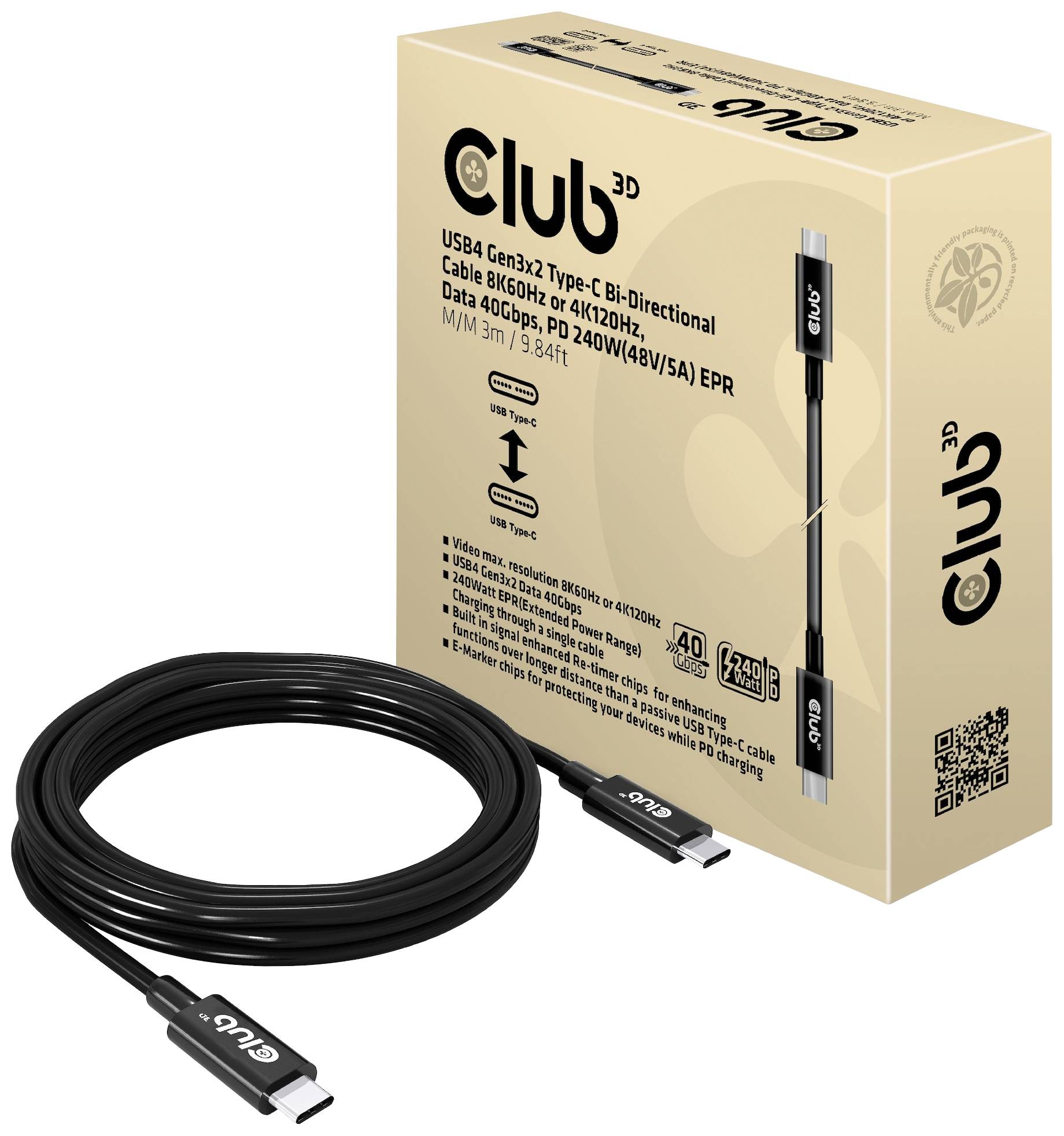 Ein USB4-Kabel von Club3D neben der Verpackung. Das Kabel unterstützt 8K 60Hz Auflösung, 40Gbps Datenrate und 240W Leistung.