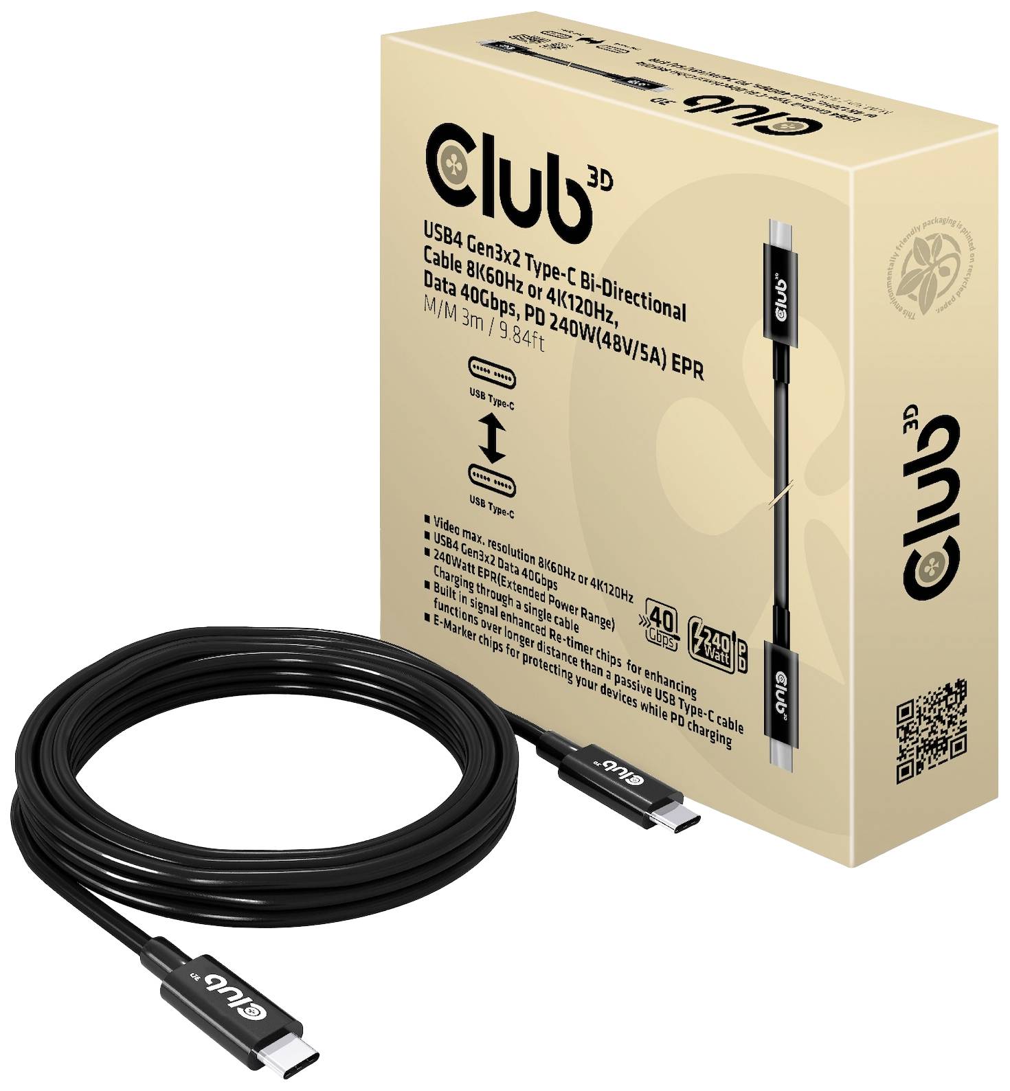 USB4 Gen3x2 Typ-C Kabel, bidirektional, 3 m Länge. Unterstützt 8K60Hz, 240W PD, 40Gbps Datenübertragung. Verpackung zeigt Kabeldetails.