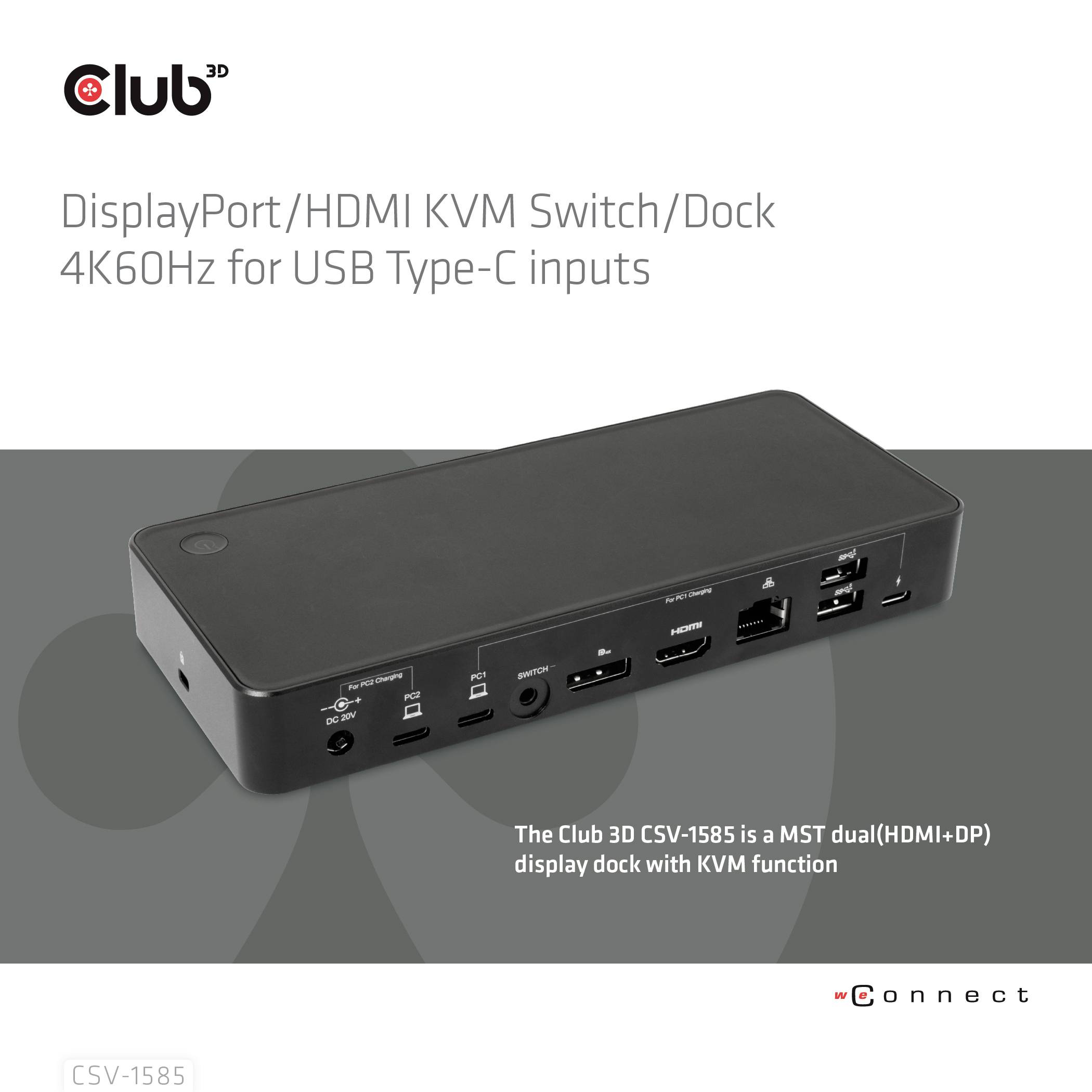club3D KVM Switch 4K60Hz KVM-Umschalter HDMI, Display-Port Fernbedienung 3840 x 2160 Pixel