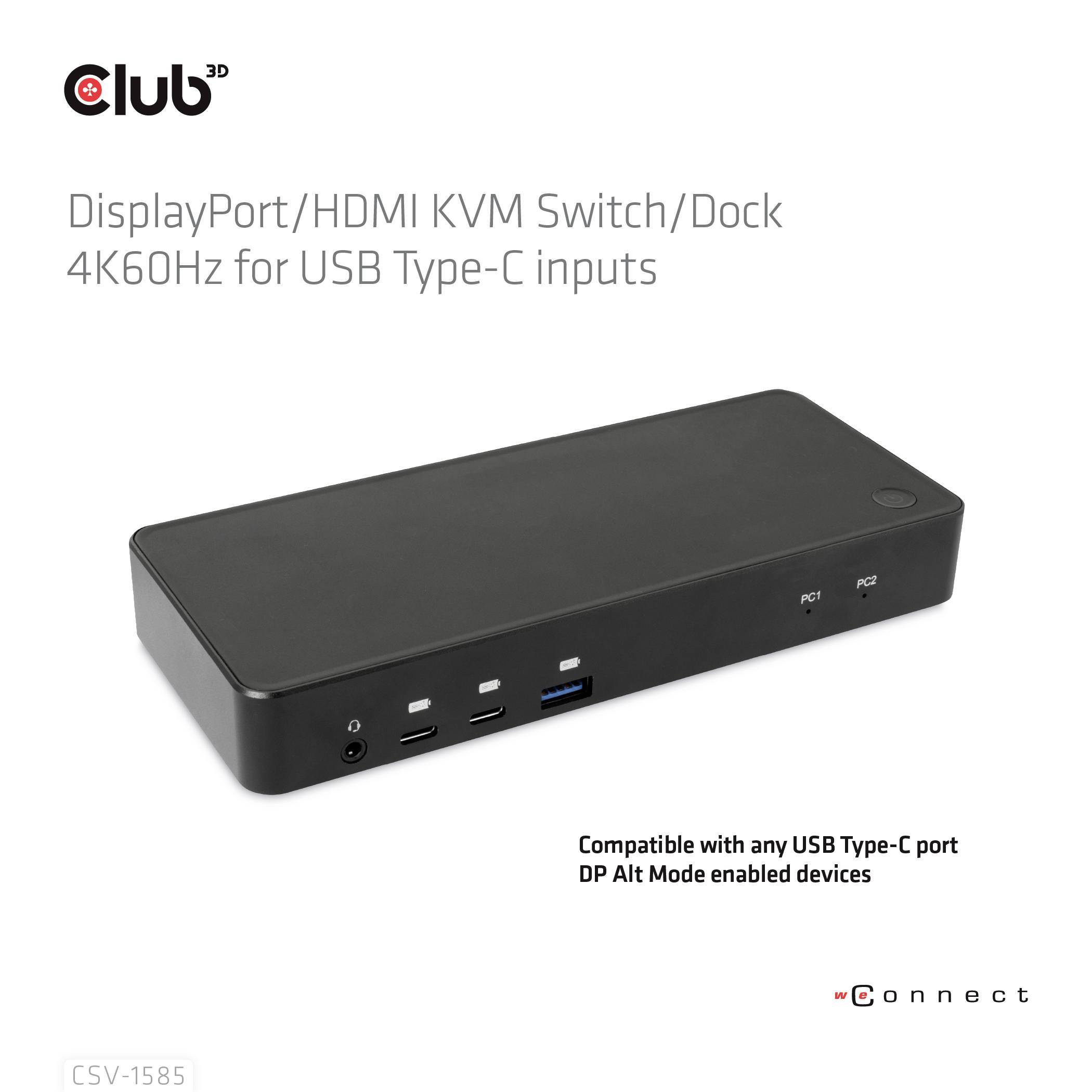 club3D KVM Switch 4K60Hz KVM-Umschalter HDMI, Display-Port Fernbedienung 3840 x 2160 Pixel