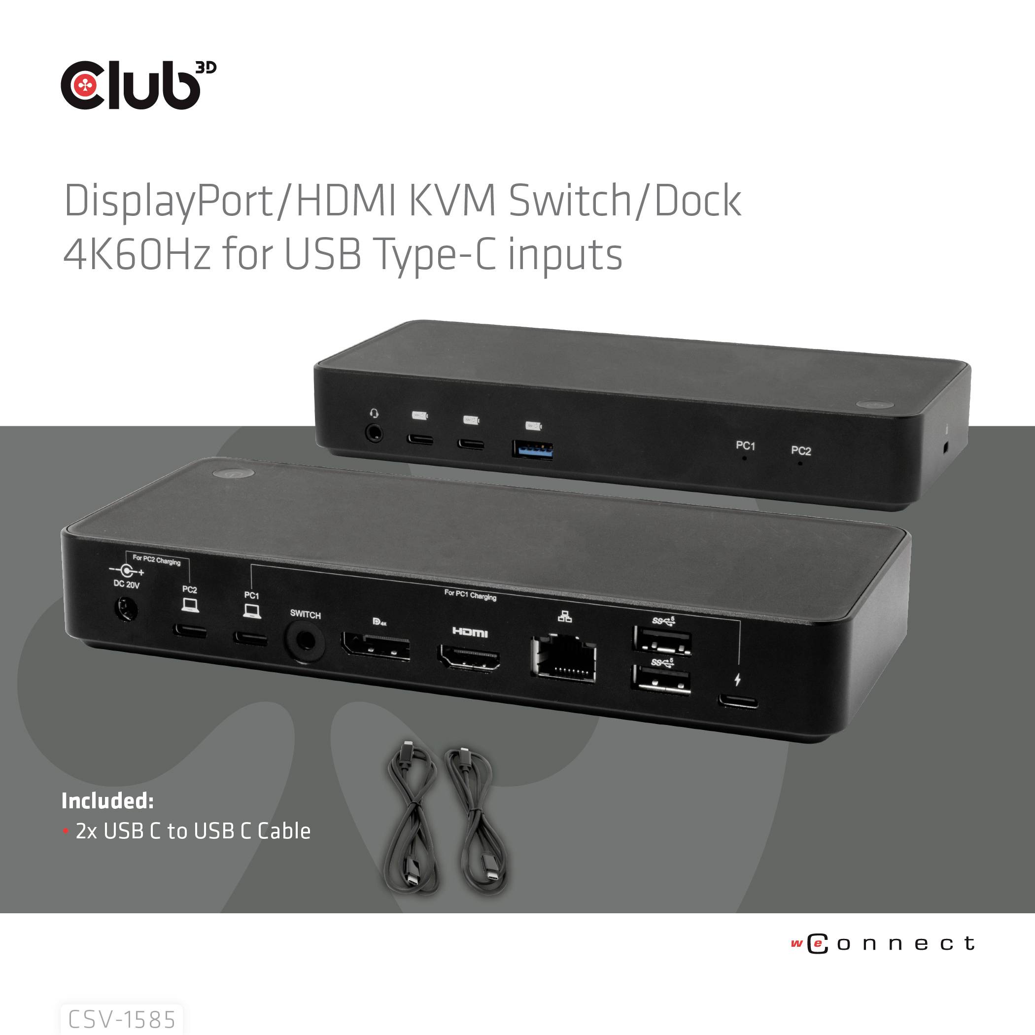 club3D KVM Switch 4K60Hz KVM-Umschalter HDMI, Display-Port Fernbedienung 3840 x 2160 Pixel