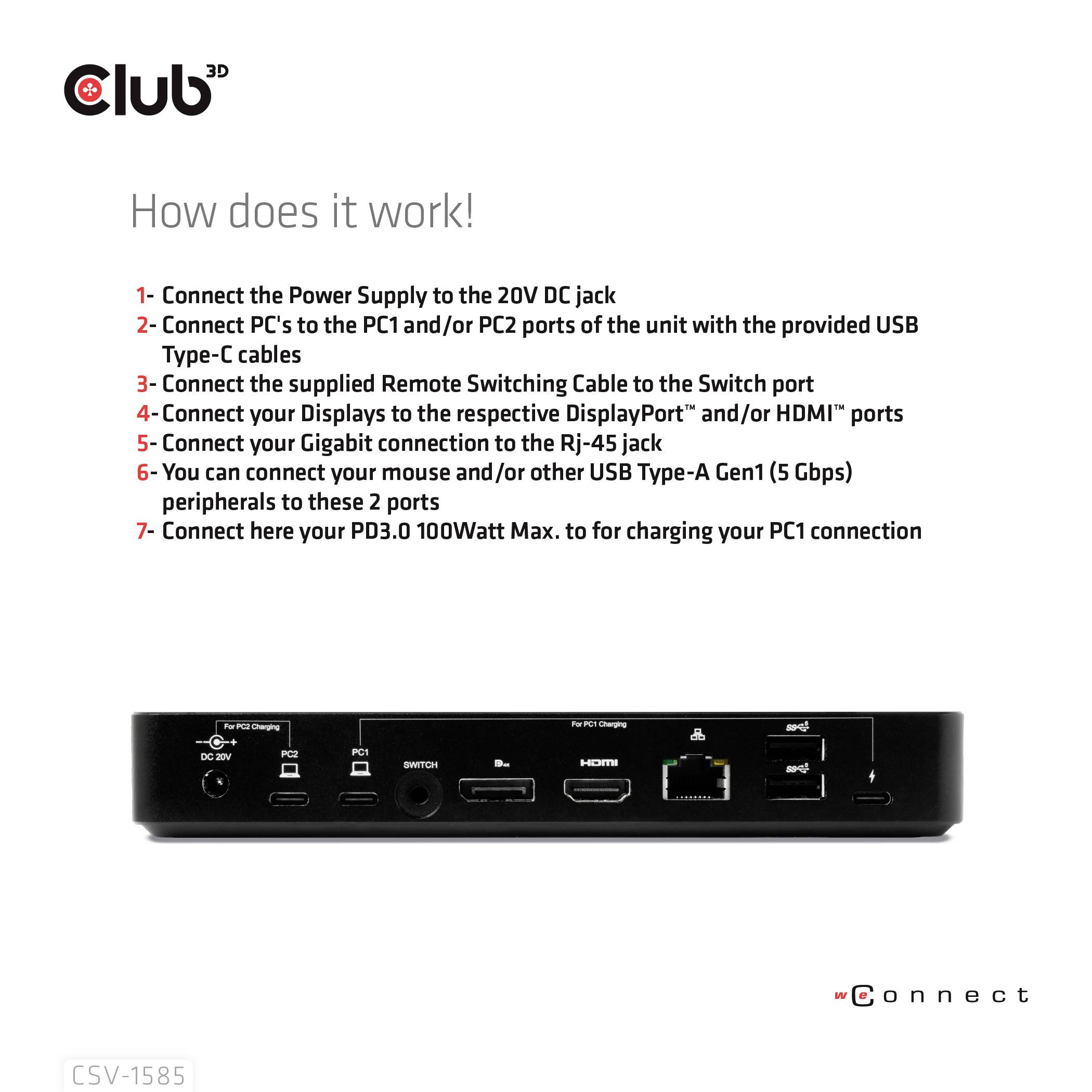 club3D KVM Switch 4K60Hz KVM-Umschalter HDMI, Display-Port Fernbedienung 3840 x 2160 Pixel