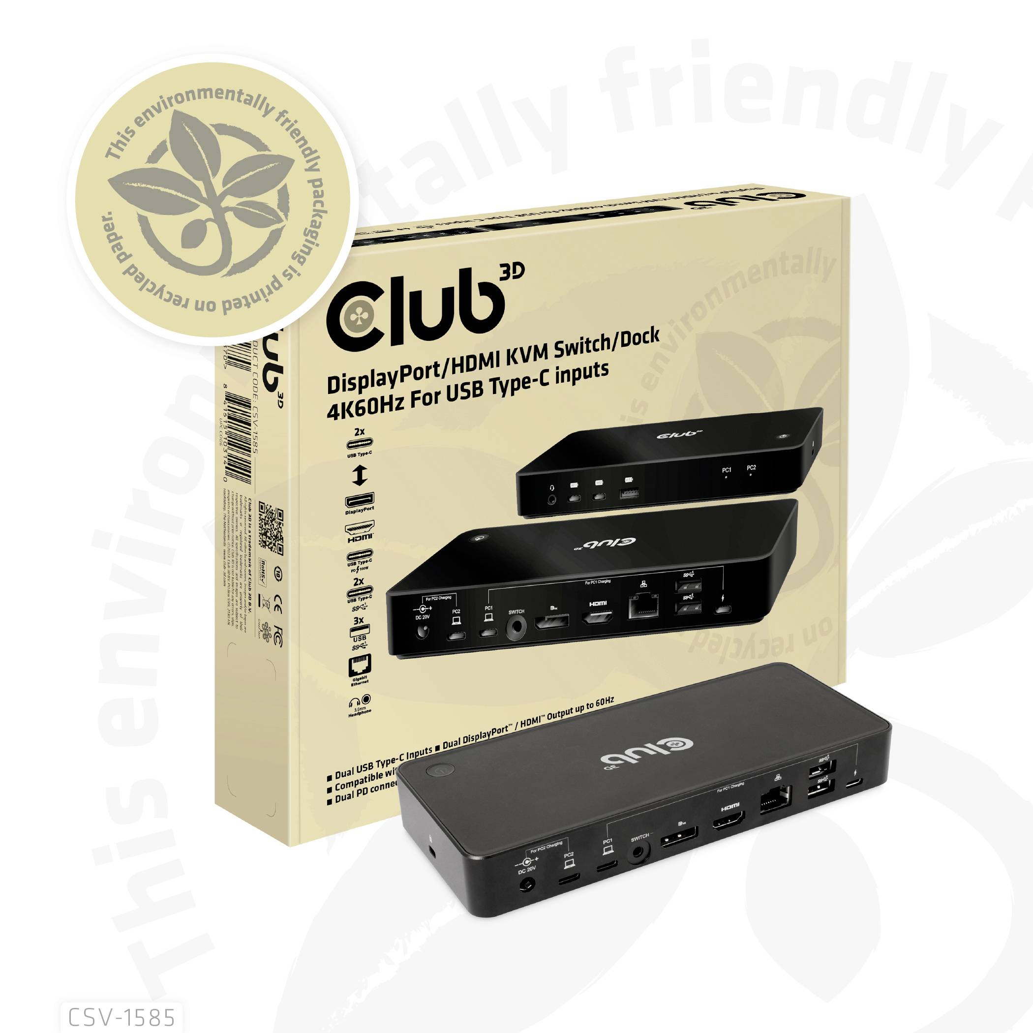 club3D KVM Switch 4K60Hz KVM-Umschalter HDMI, Display-Port Fernbedienung 3840 x 2160 Pixel