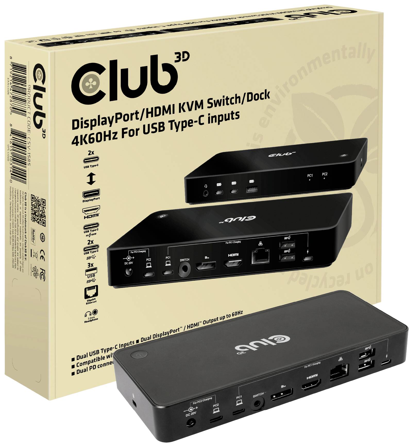 club3D KVM Switch 4K60Hz KVM-Umschalter HDMI, Display-Port Fernbedienung 3840 x 2160 Pixel