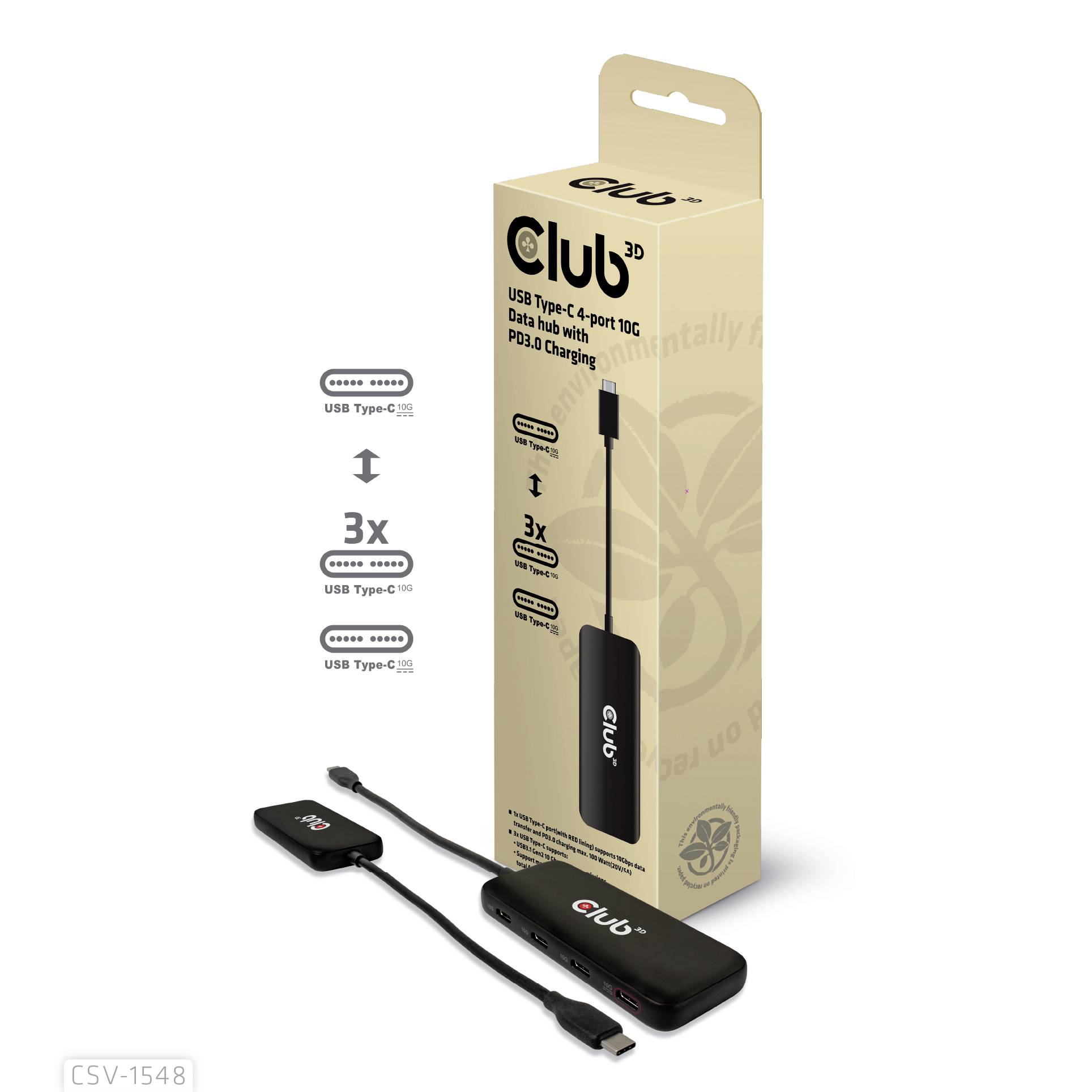 'Club 3D USB Typ-C-auf-4-Port-Hub mit USB PD 3.0-Ladefunktion', zeigt den USB-Hub, seine Anschlüsse und Verpackung.