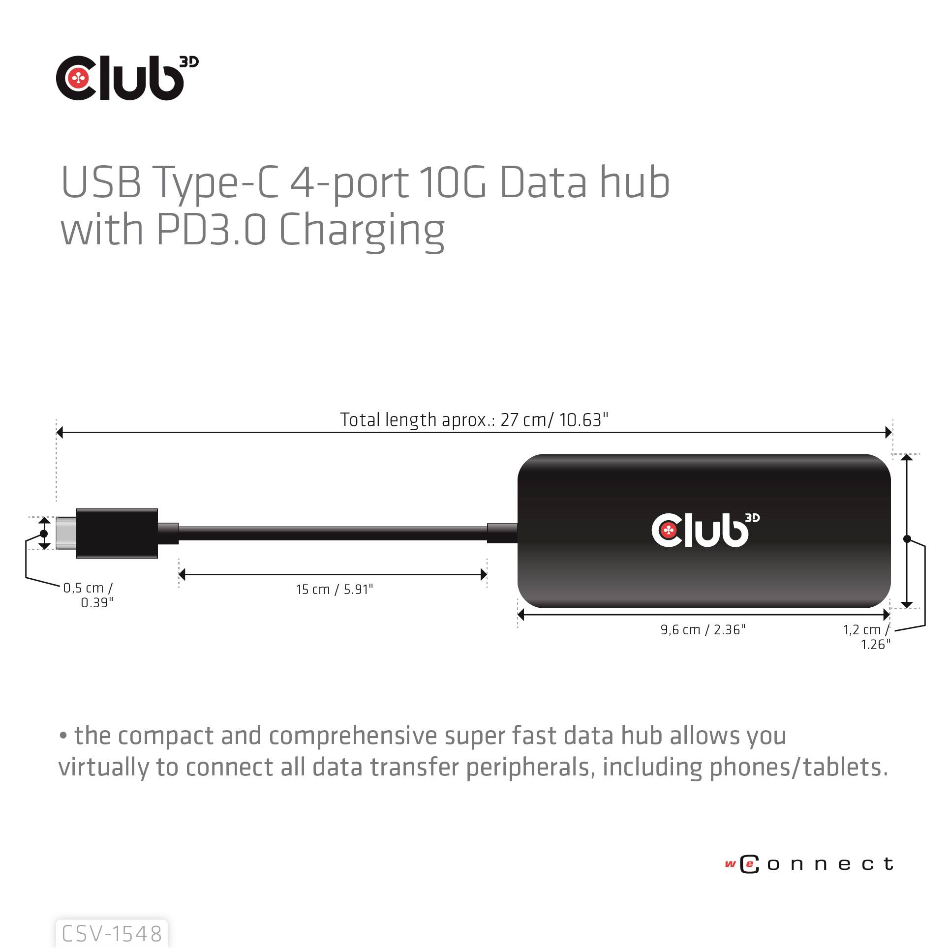 USB Type-C 4-port 10G Data hub mit PD3.0 Aufladung. Die Abbildung zeigt Maße: Gesamtlänge 27 cm, einschließlich Adapter.