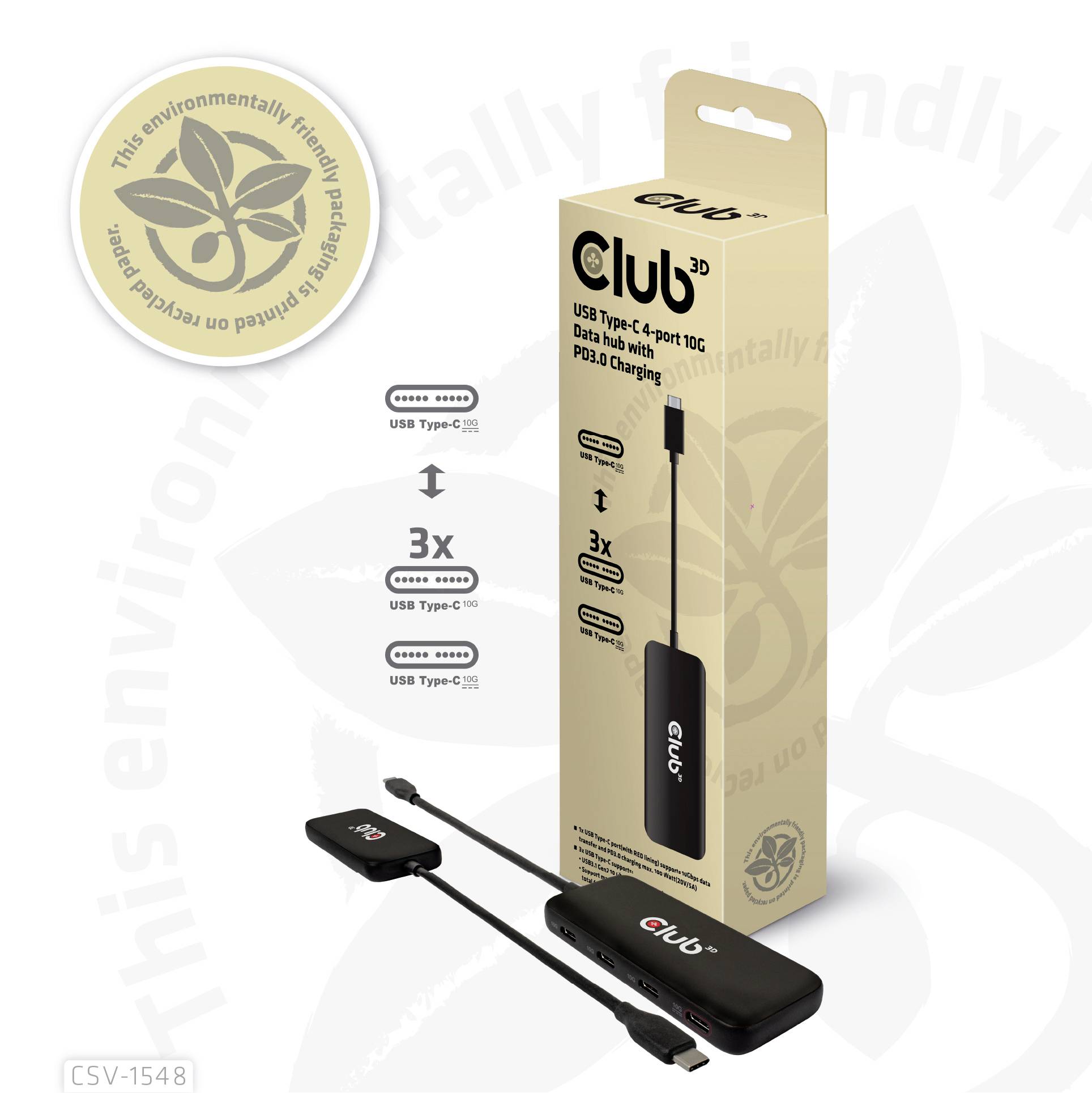 Ein USB-C-Hub von Club3D mit 4 Ports und PD30W-Ladefunktion, abgebildet mit Verpackung. Umweltfreundliches Design wird hervorgehoben.