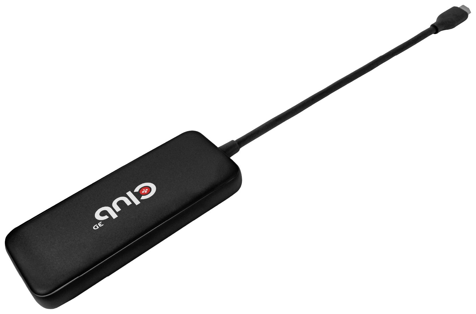 Externe schwarze Festplatte mit USB-Kabel auf weißem Hintergrund.