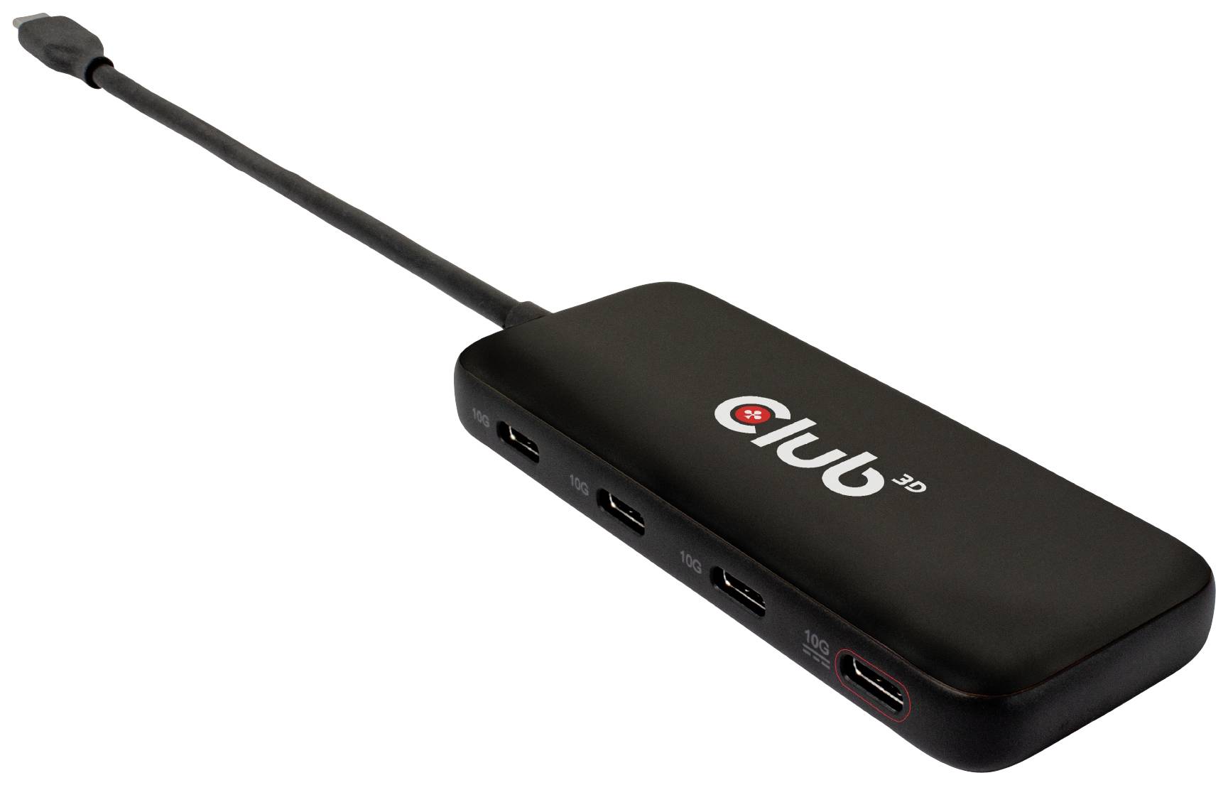 Ein schwarzer Mehrfachadapter mit mehreren HDMI- und USB-Anschlüssen zeigt das Logo 'Club 3D' auf der Oberseite.