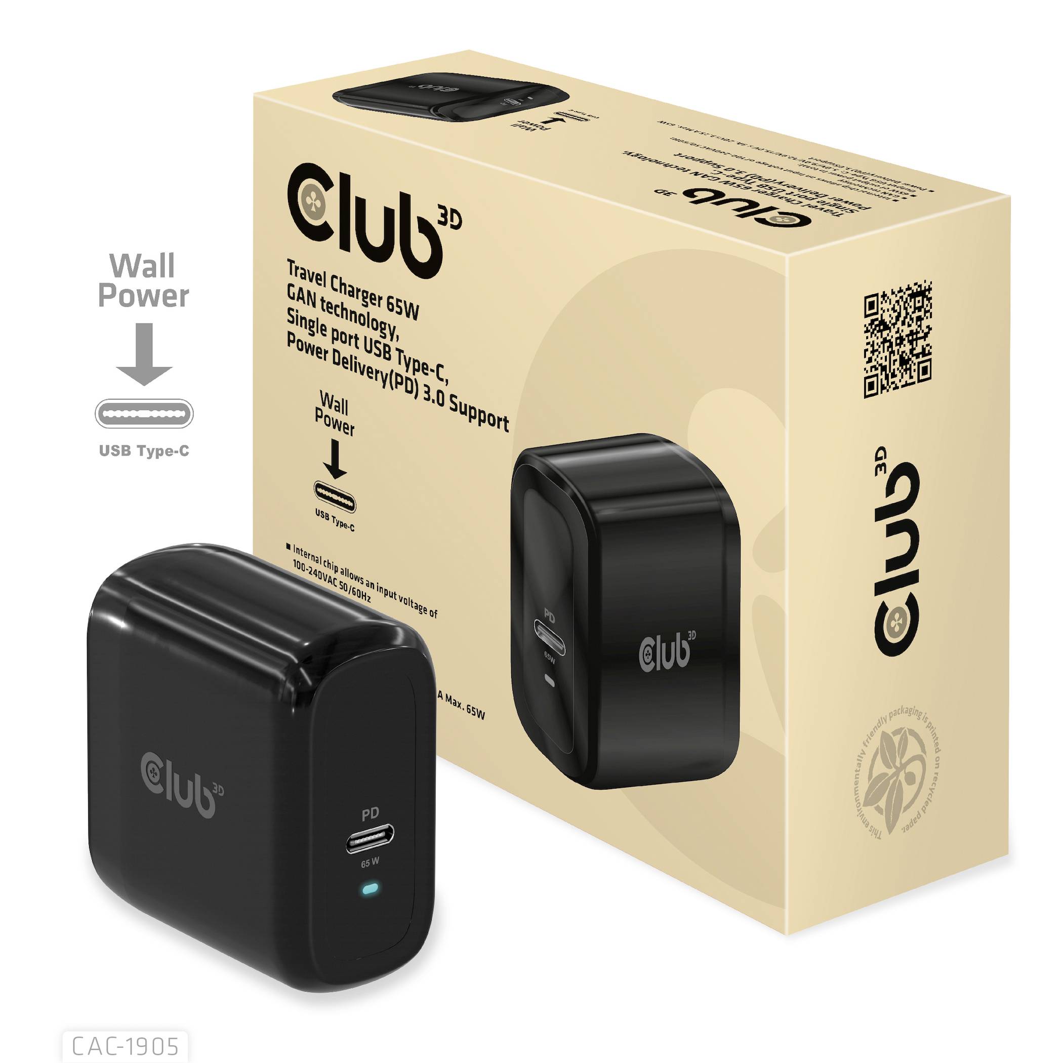 Club 3D-Reiseladegerät mit GaN-Technologie, 65W Leistung, USB Type-C-Anschluss, Power Delivery und Quick Charge 3.0.