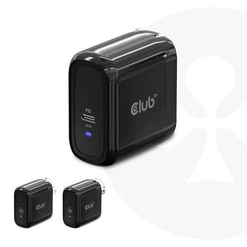 Schwarzes Ladegerät mit USB-C-Anschluss, leuchtet blau. Zwei kleinere Bilder zeigen den Anschluss. Markenname 'Club 3D' sichtbar.