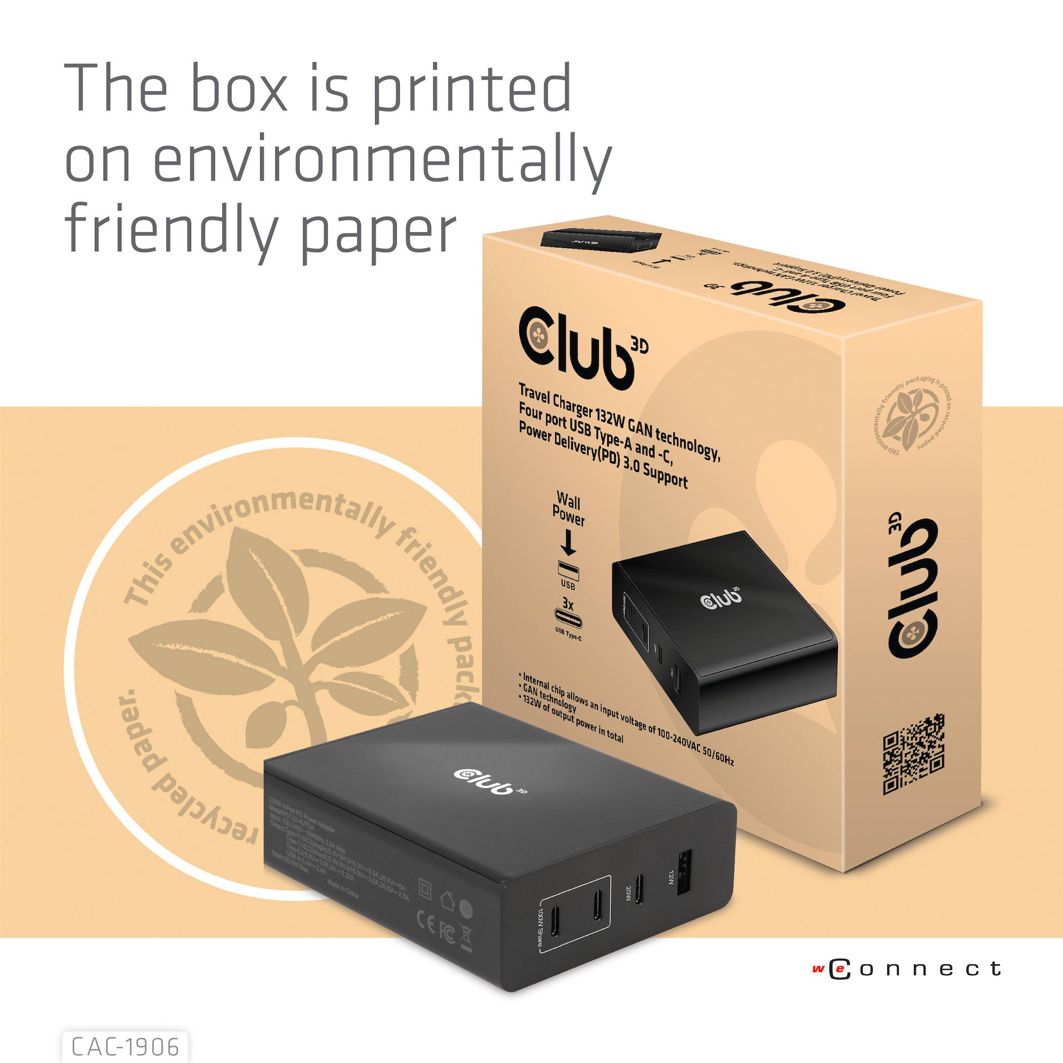 Schwarzes USB-Ladegerät in einer umweltfreundlichen Verpackung mit Logo 'Club 3D'. Text: 'The box is printed on environmentally friendly paper'.