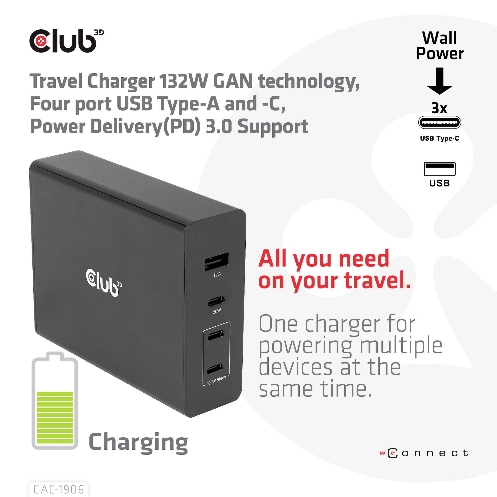 'Club 3D Travel Charger 132W GaN' mit vier USB-Anschlüssen, Power Delivery 3.0. Text: 'All you need on your travel.' und 'One charger for powering multiple devices at the same time.' Bild zeigt Ladegerät mit Ladeanzeige.