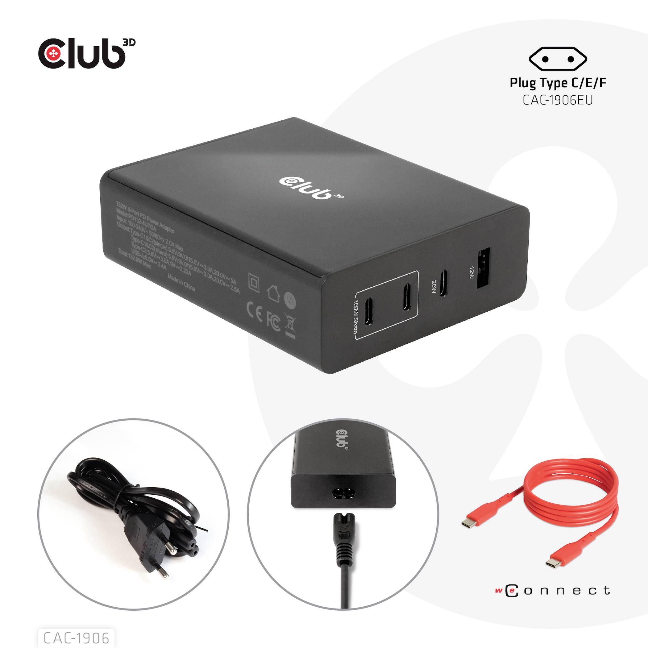 Mehrfachanschluss-Adapter 'Club 3D' mit mehreren USB-Ports. Beinhaltet Netzkabel und rotes USB-C-Verbindungskabel. Adapterstecker C/E/F.