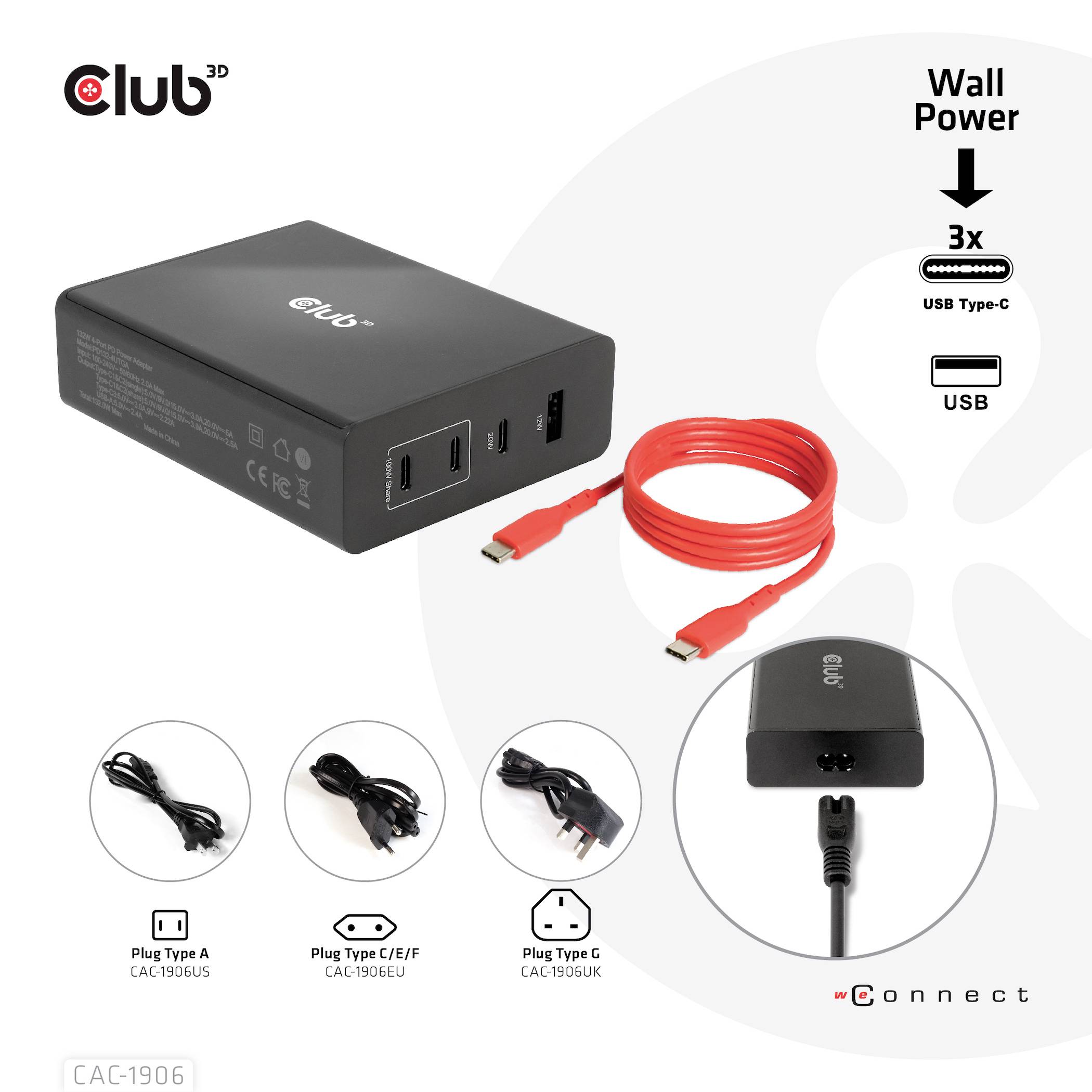 Schwarzes Club3D Netzteil mit USB-C und USB-A Anschlüssen. Enthält ein rotes USB-C Kabel und drei austauschbare Stecker für weltweite Kompatibilität.