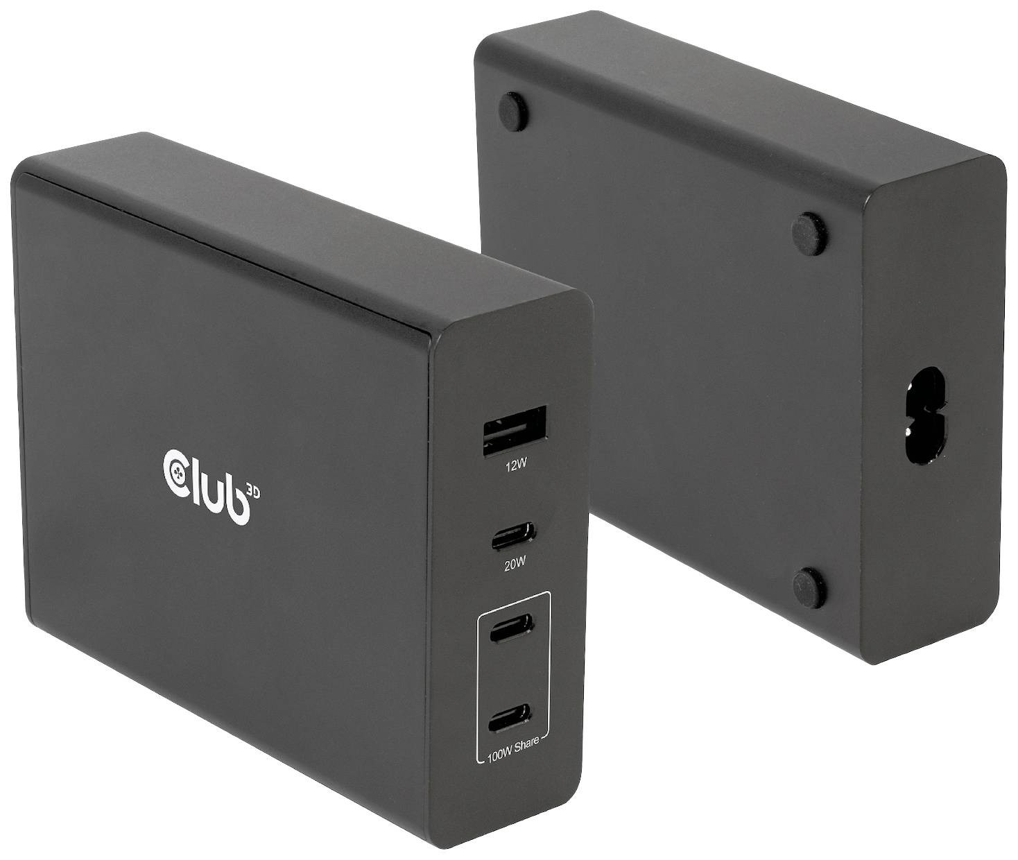 Schwarzes Ladegerät mit mehreren USB-Anschlüssen, seitliche und vordere Ansicht. Deutliche Markierungen für Leistung in Watt.