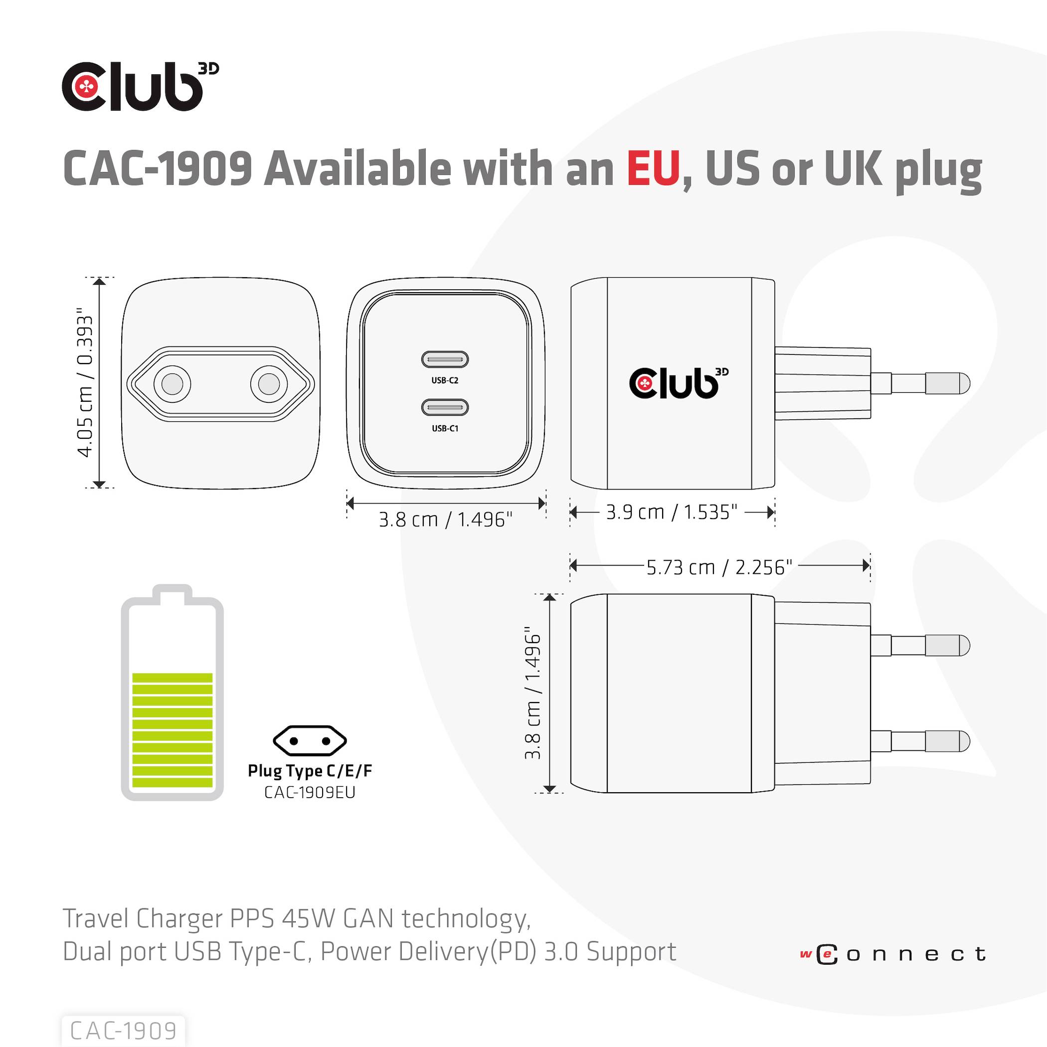 Club3D CAC-1909EU Notebook-Netzteil 45W 2x USB-C® USB PD Schwarz Innenbereich