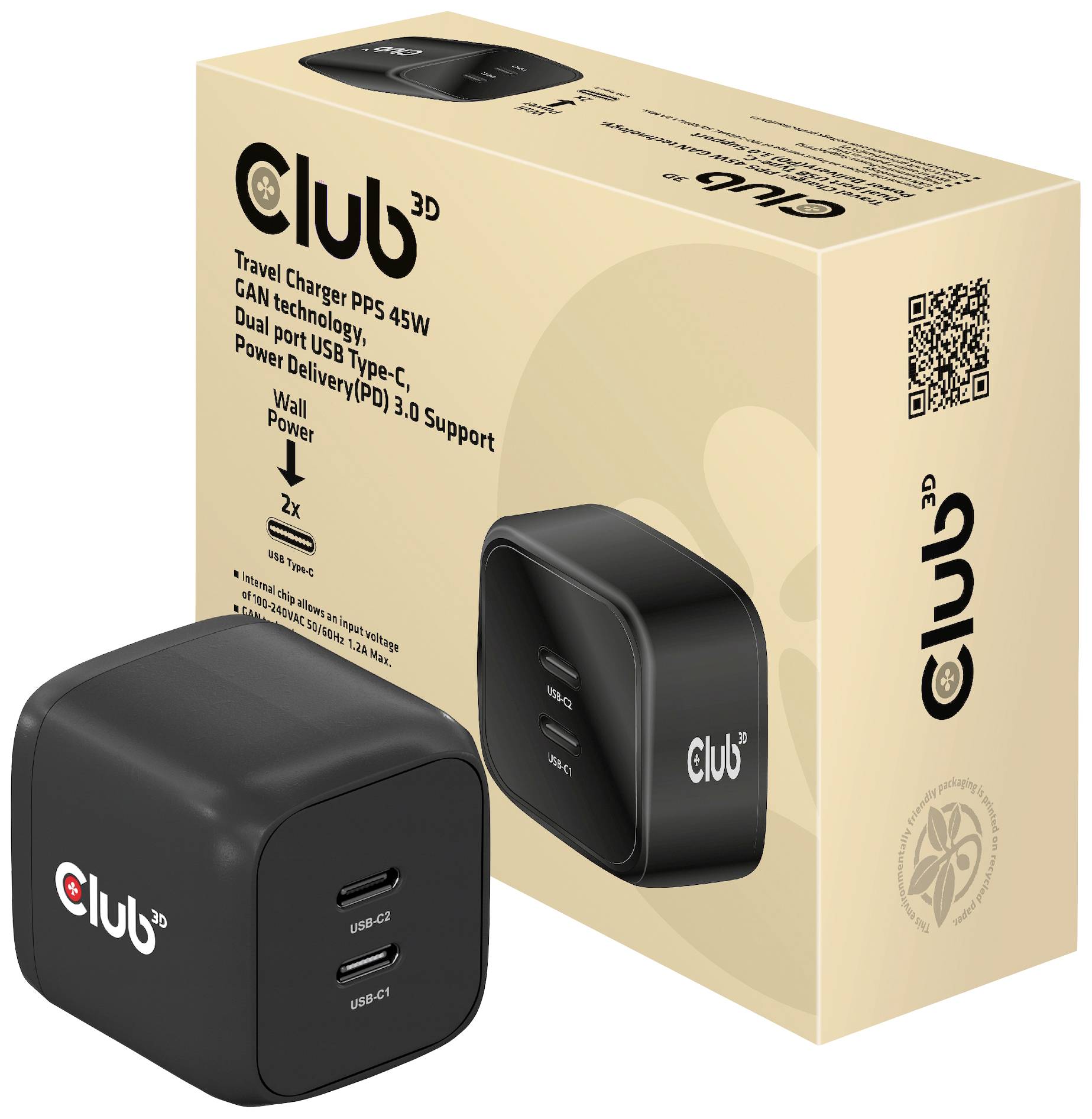 Club3D CAC-1909EU Notebook-Netzteil 45W 2x USB-C® USB PD Schwarz Innenbereich