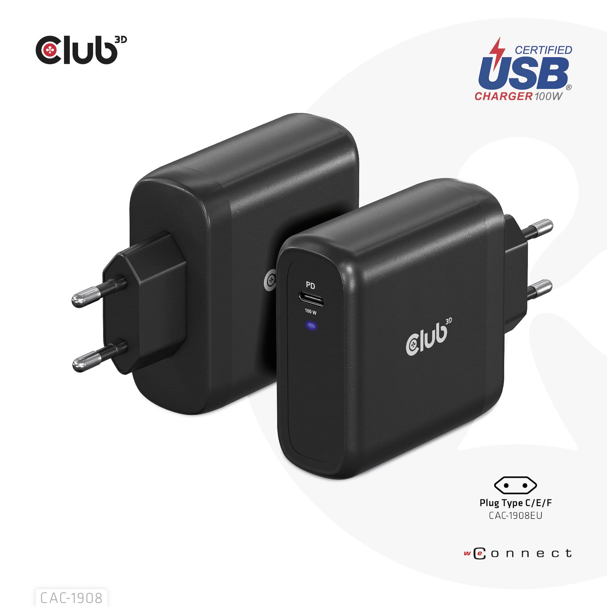 Club3D CAC-1908 Notebook-Netzteil 100W 1x USB-C® Schwarz Innenbereich GaN, USB Power Delivery (USB-PD)