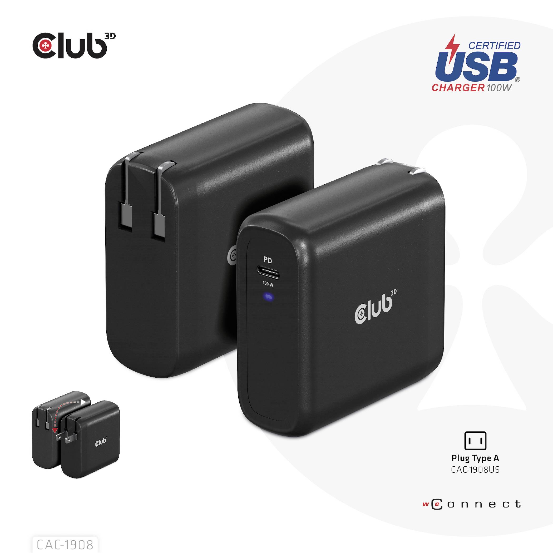 Club3D CAC-1908 Notebook-Netzteil 100W 1x USB-C® Schwarz Innenbereich GaN, USB Power Delivery (USB-PD)
