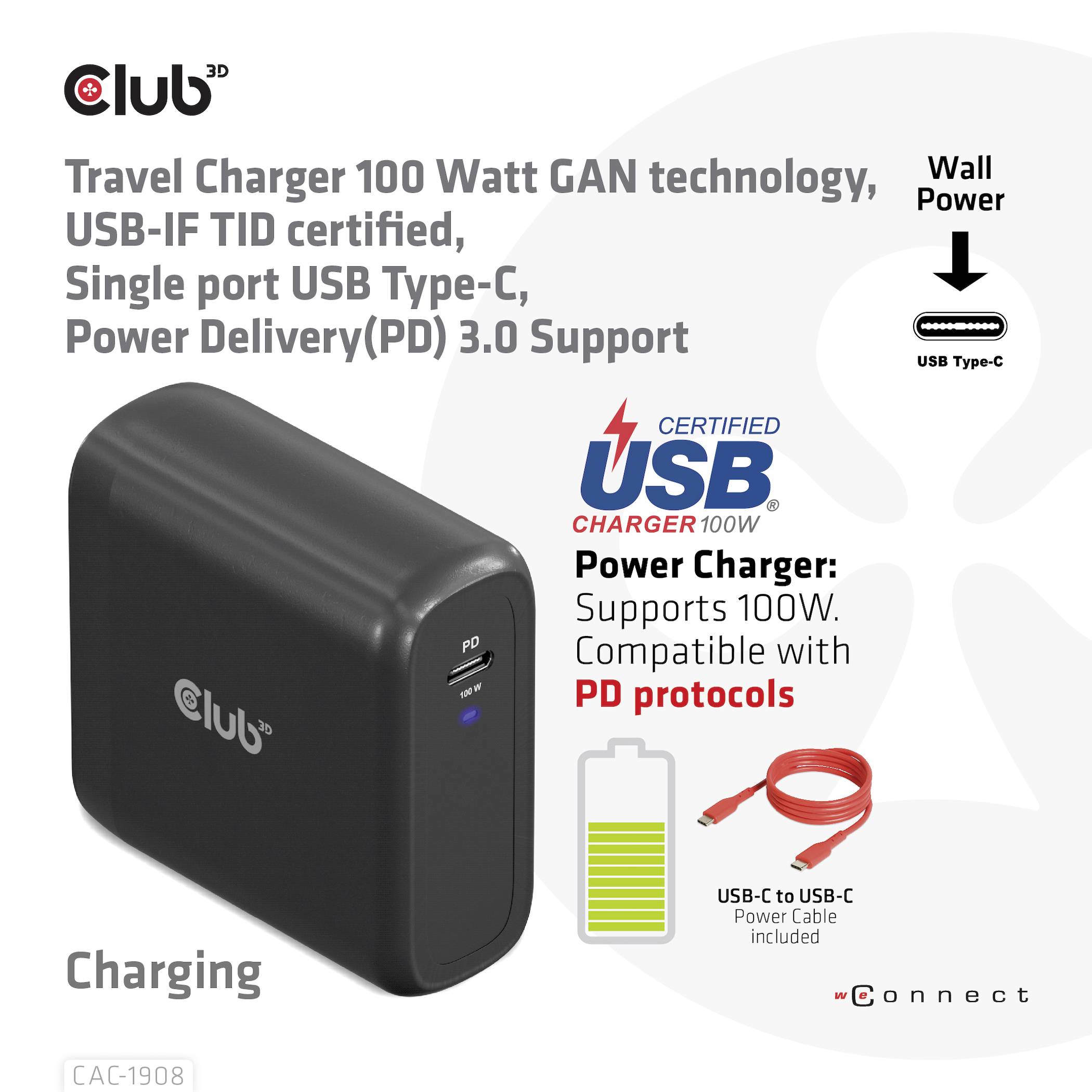 Club3D CAC-1908 Notebook-Netzteil 100W 1x USB-C® Schwarz Innenbereich GaN, USB Power Delivery (USB-PD)