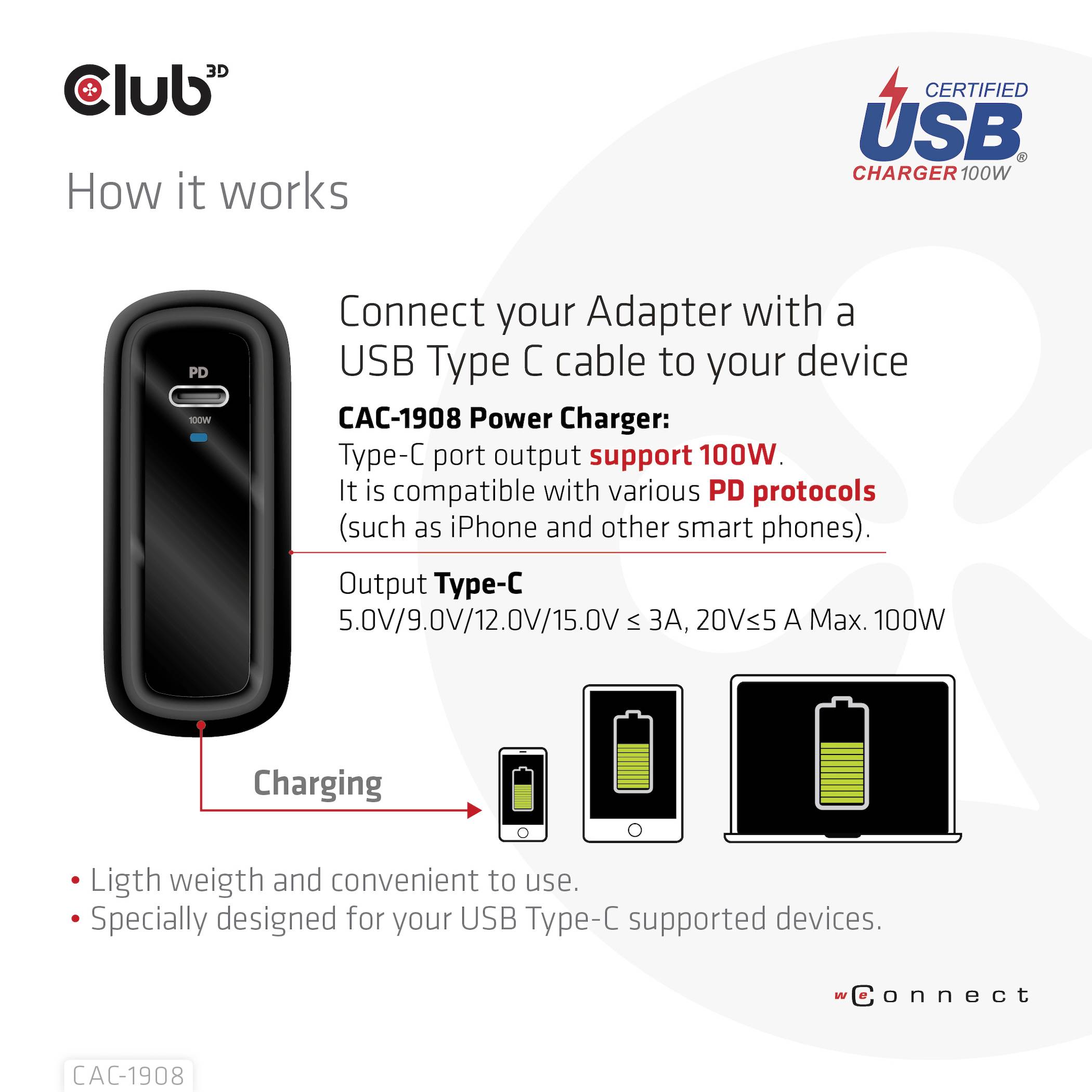 Club3D CAC-1908 Notebook-Netzteil 100W 1x USB-C® Schwarz Innenbereich GaN, USB Power Delivery (USB-PD)