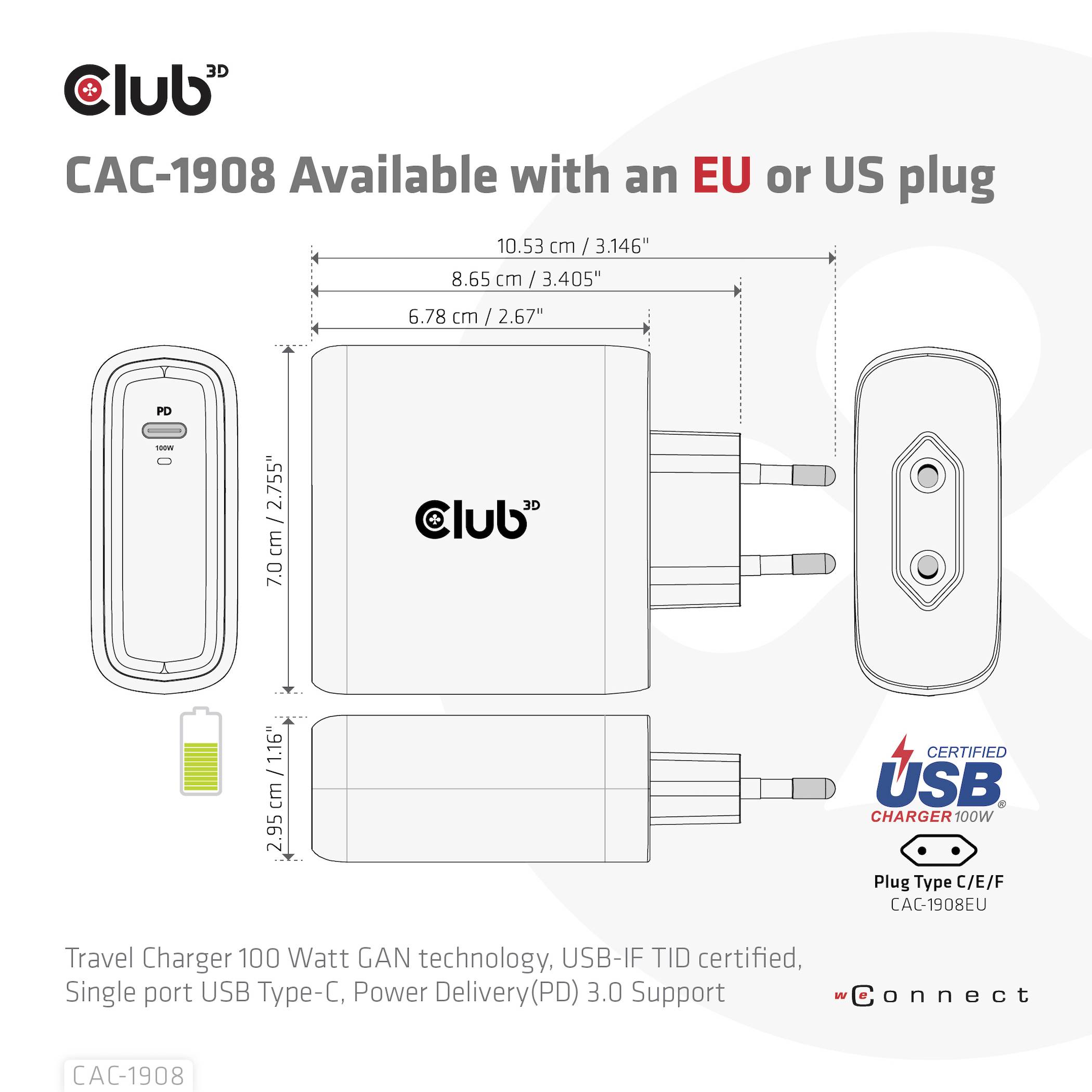 Club3D CAC-1908 Notebook-Netzteil 100W 1x USB-C® Schwarz Innenbereich GaN, USB Power Delivery (USB-PD)