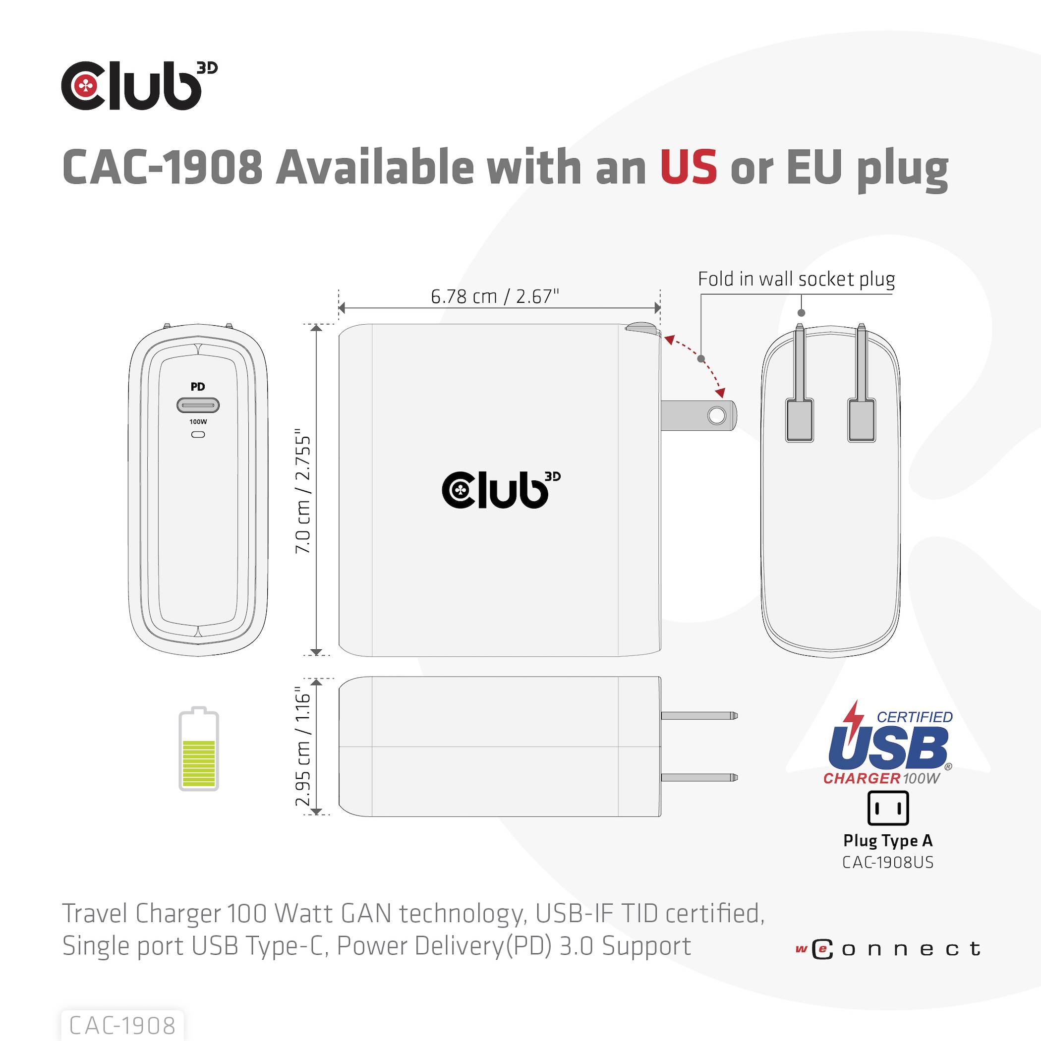 Club3D CAC-1908 Notebook-Netzteil 100W 1x USB-C® Schwarz Innenbereich GaN, USB Power Delivery (USB-PD)