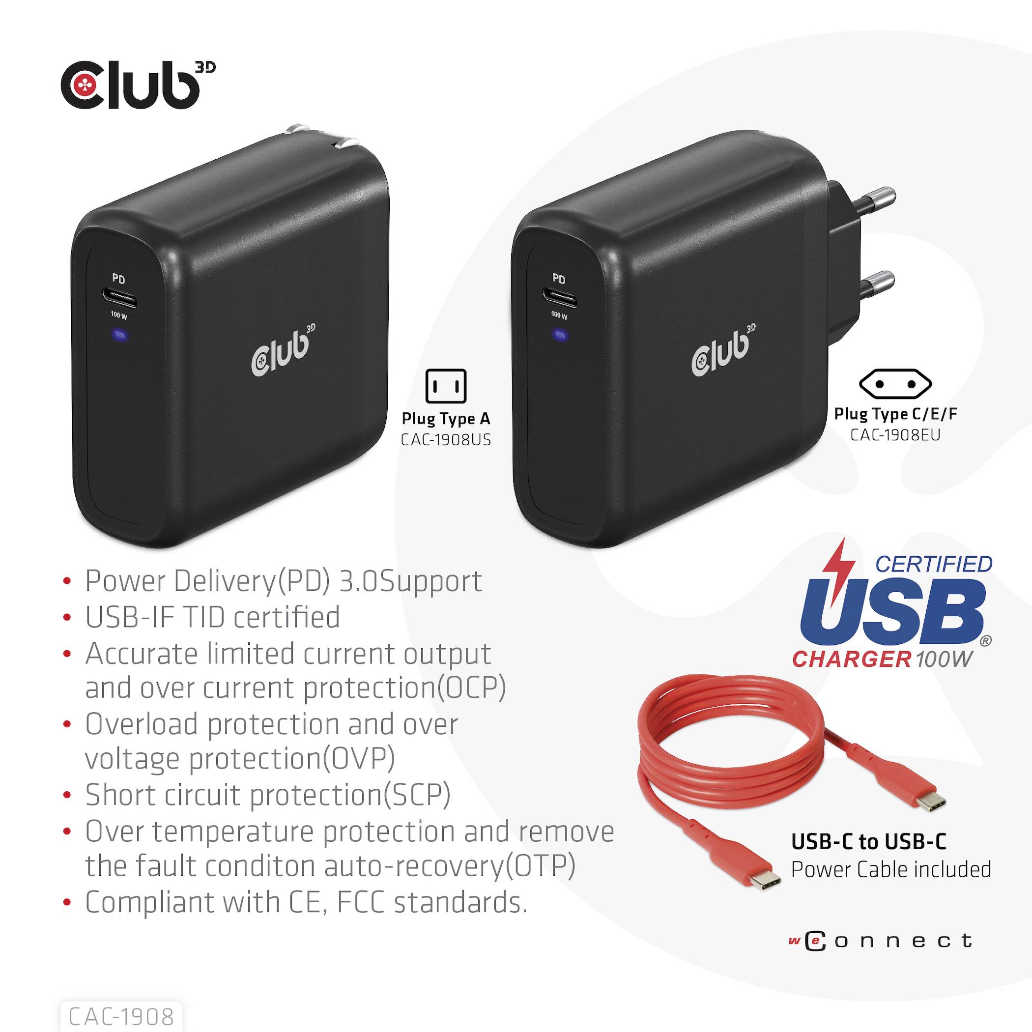 Club3D CAC-1908 Notebook-Netzteil 100W 1x USB-C® Schwarz Innenbereich GaN, USB Power Delivery (USB-PD)