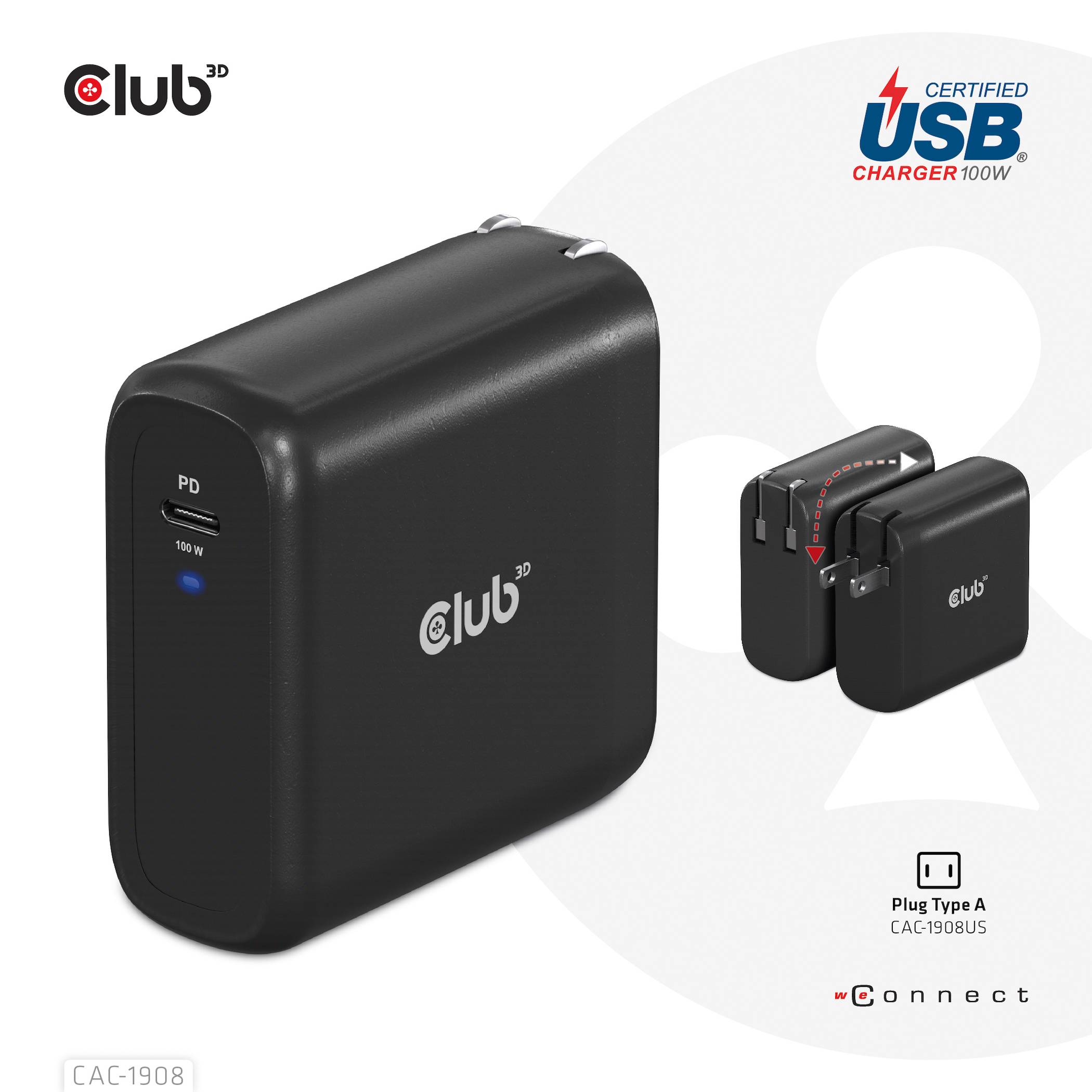Club3D CAC-1908 Notebook-Netzteil 100W 1x USB-C® Schwarz Innenbereich GaN, USB Power Delivery (USB-PD)