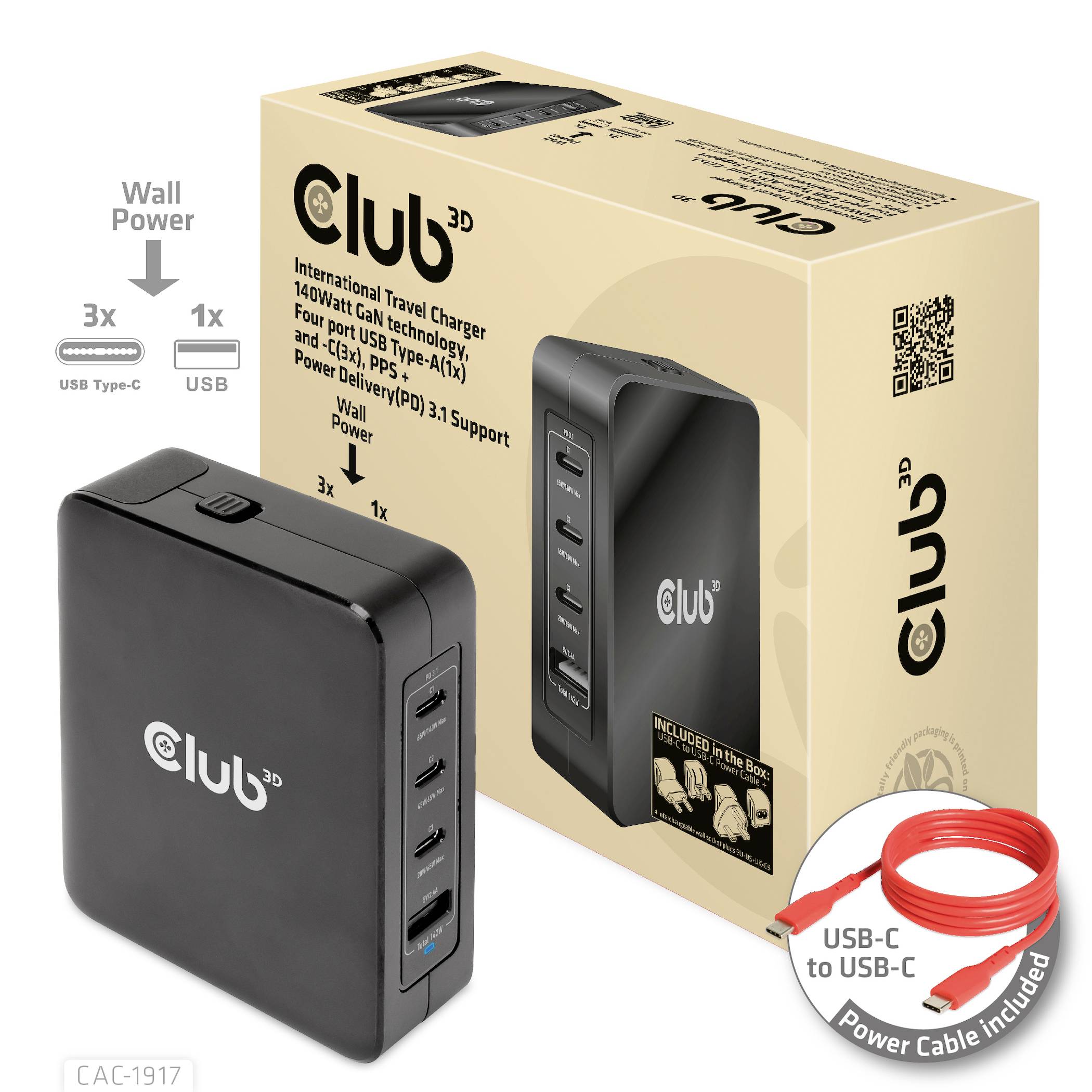 Club 3D internationales USB-Ladegerät. Vier USB-Ports, 104 W Leistung. Inklusive USB-C Kabel. Verpackung und Ladegerät abgebildet.