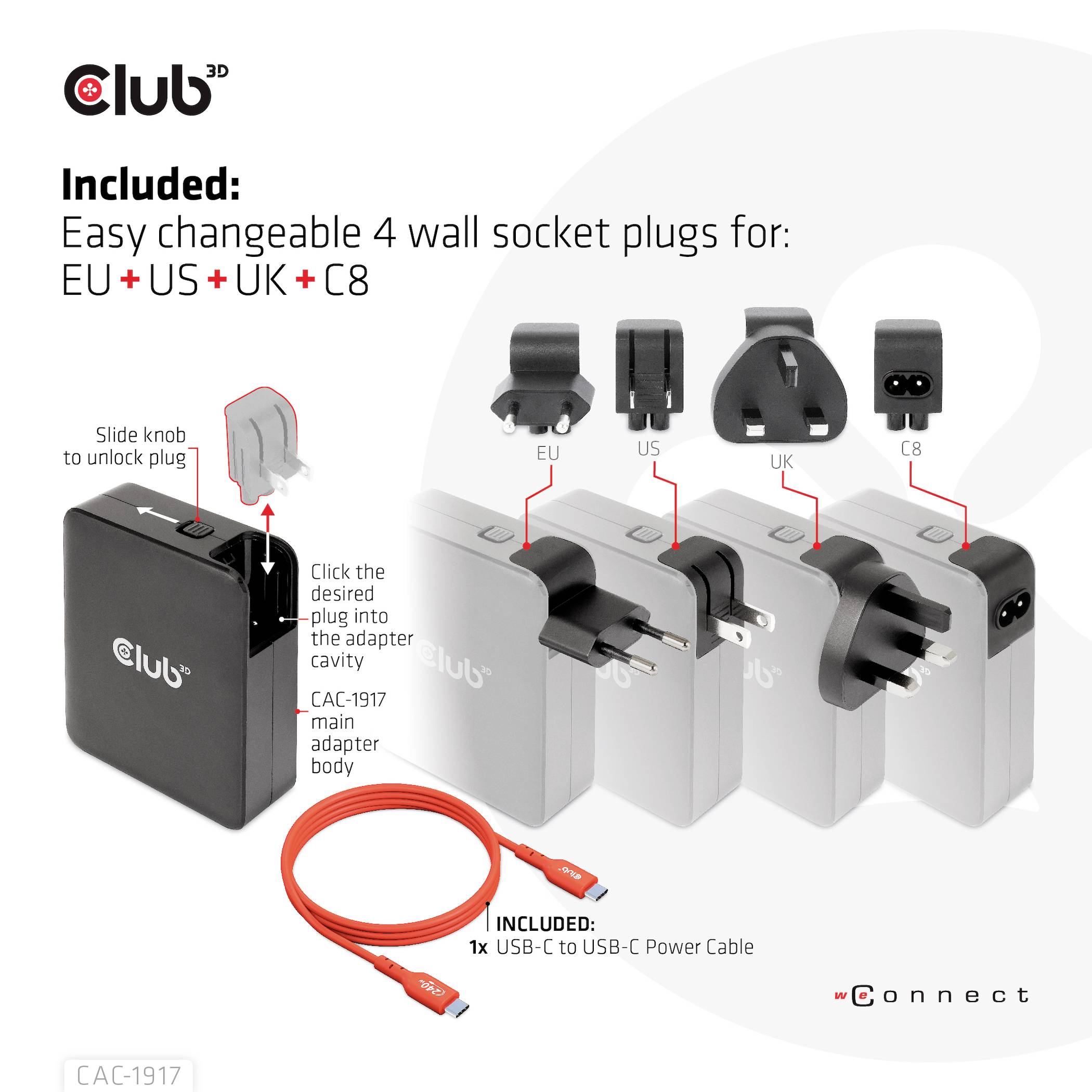 Wechseladapterstecker-Set für EU, US, UK und C8. Enthält 1x USB-C zu USB-C Ladekabel. Text: 'Einfacher Austausch von 4 Wandsteckern'.