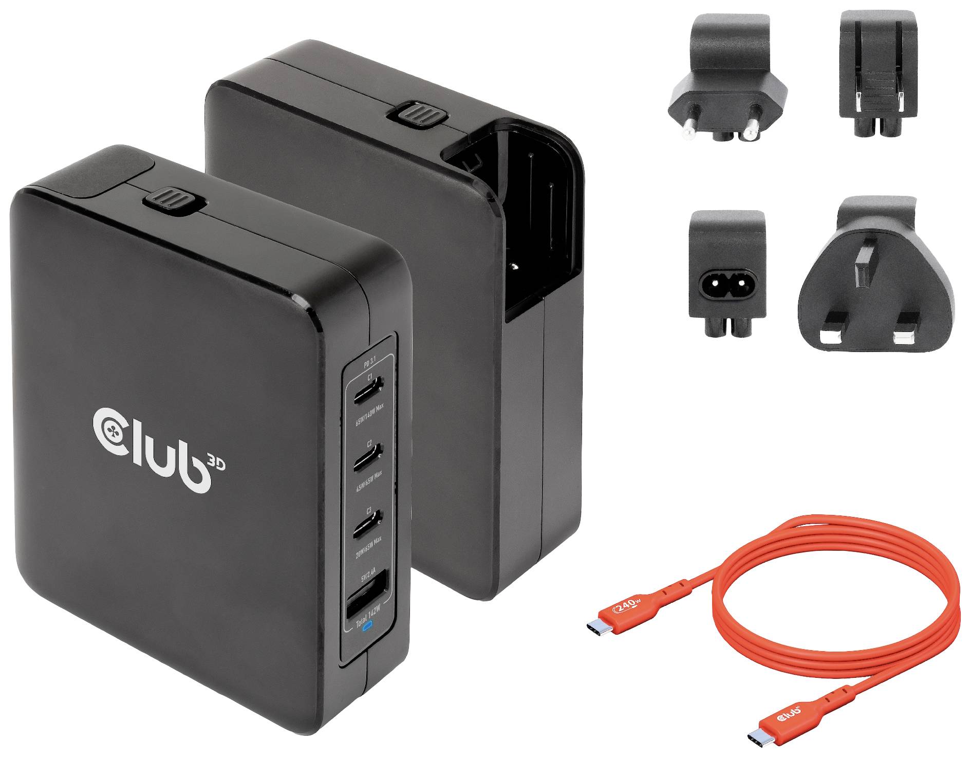 Ein schwarzes Ladegerät mit vier USB-Ports, austauschbaren Steckern und einem roten USB-Kabel. Geeignet für weltweite Steckdosen.