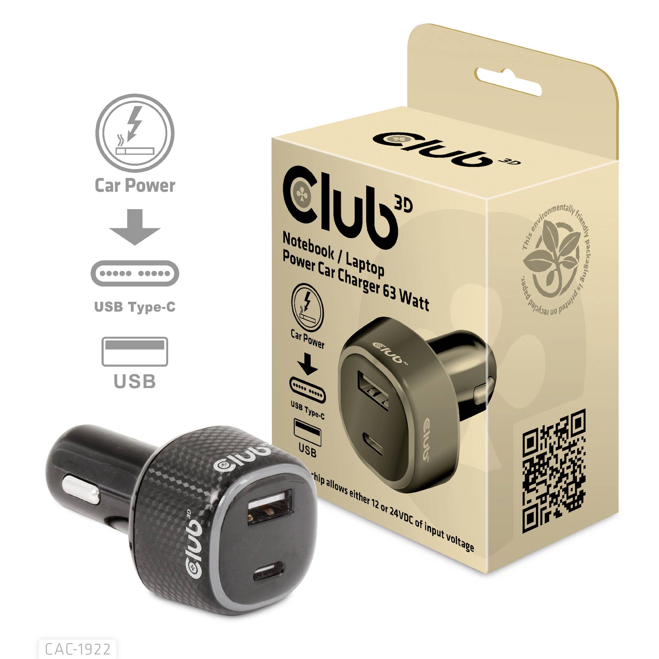 Club3D CAC-1922 USB Ladegerät 63W 1x USB-A, 1x USB-C® Schwarz Innenbereich