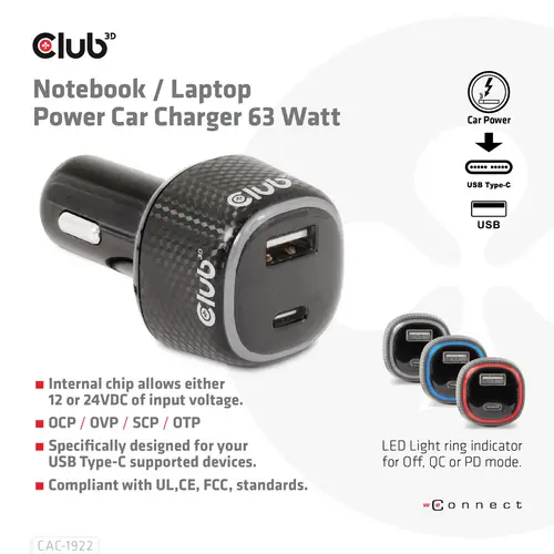 Club3D CAC-1922 USB Ladegerät 63W 1x USB-A, 1x USB-C® Schwarz Innenbereich Club3D CAC-1922 USB Ladegerät 63W 1x USB-A, 1x USB-C® Schwarz Innenbereich