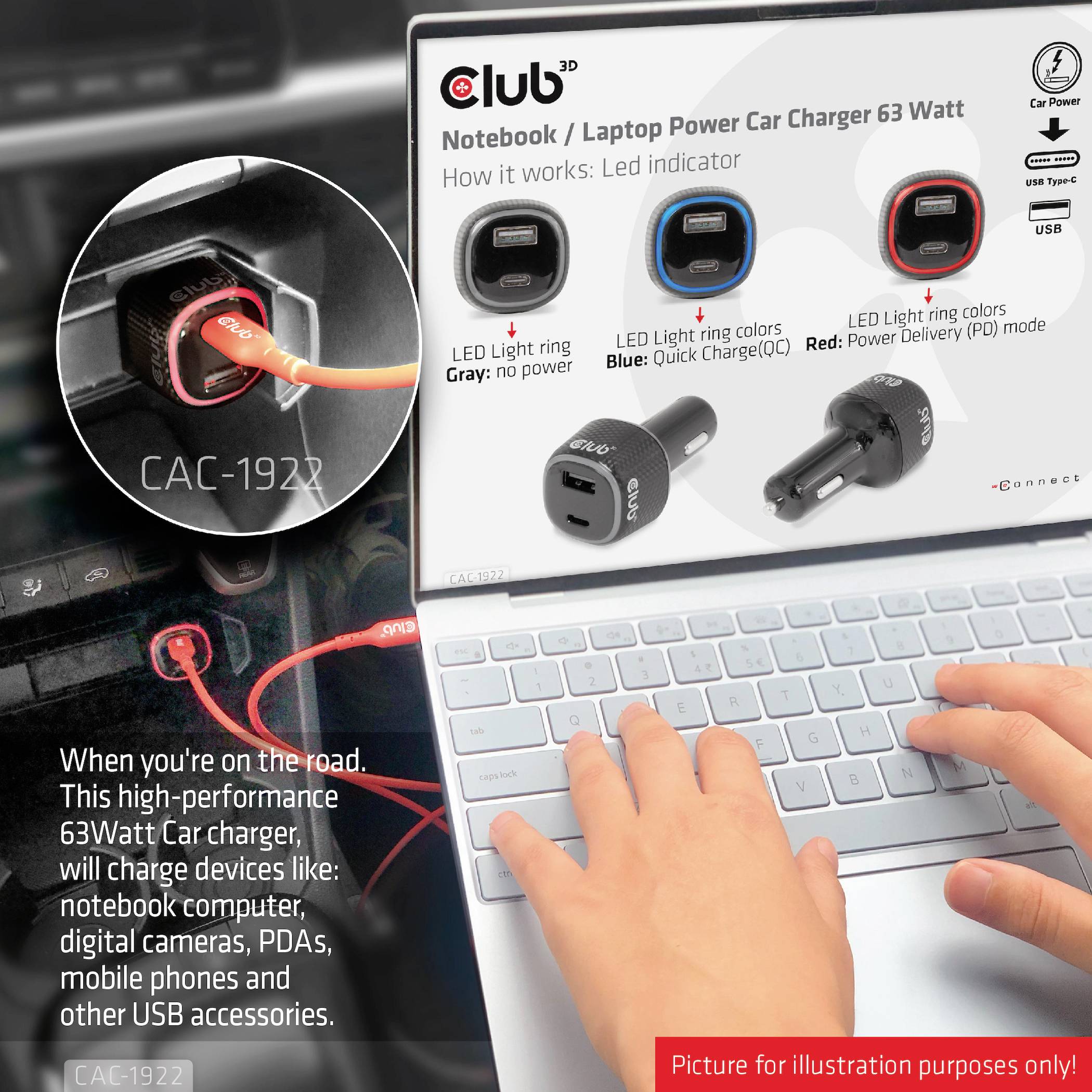 Club3D CAC-1922 USB Ladegerät 63W 1x USB-A, 1x USB-C® Schwarz Innenbereich