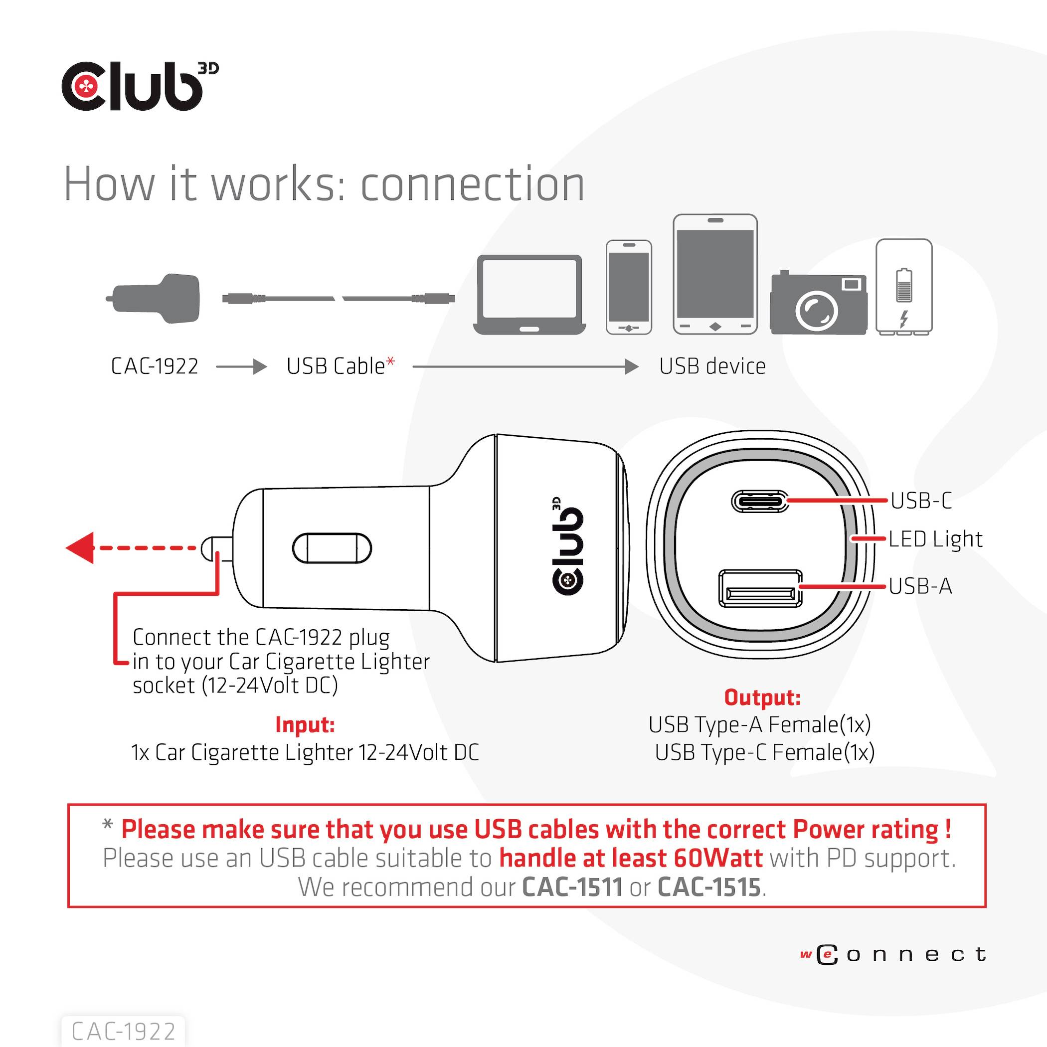 Club3D CAC-1922 USB Ladegerät 63W 1x USB-A, 1x USB-C® Schwarz Innenbereich