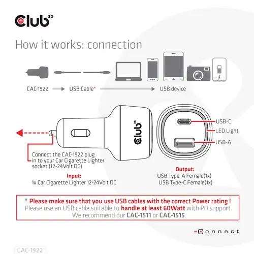 Club3D CAC-1922 USB Ladegerät 63W 1x USB-A, 1x USB-C® Schwarz Innenbereich Club3D CAC-1922 USB Ladegerät 63W 1x USB-A, 1x USB-C® Schwarz Innenbereich