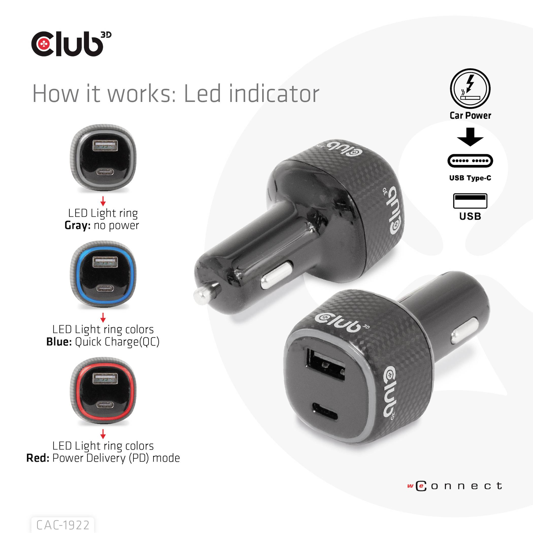Club3D CAC-1922 USB Ladegerät 63W 1x USB-A, 1x USB-C® Schwarz Innenbereich
