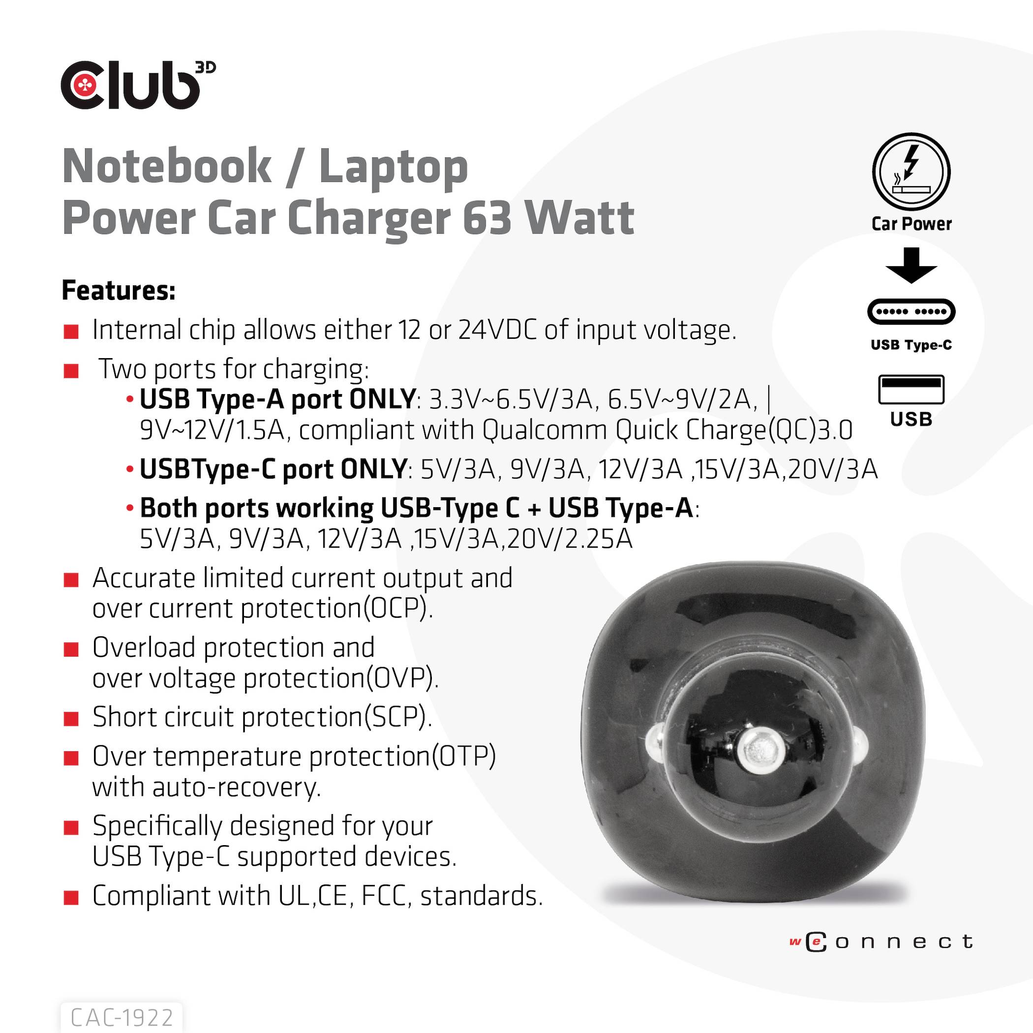 Club3D CAC-1922 USB Ladegerät 63W 1x USB-A, 1x USB-C® Schwarz Innenbereich