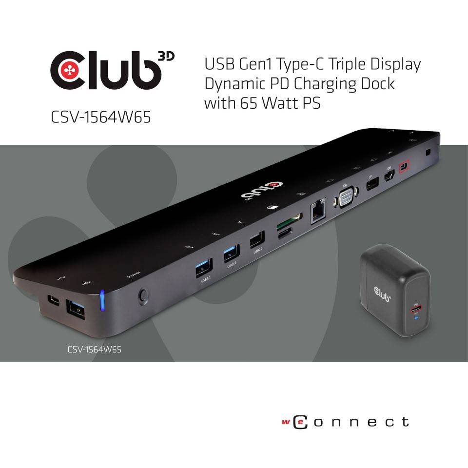 Dockingstation von Club3D, Modell CSV-1564W65. USB Gen1 Type-C, drei Display-Ausgänge, 65 Watt Ladegerät, mehrere Anschlussmöglichkeiten.