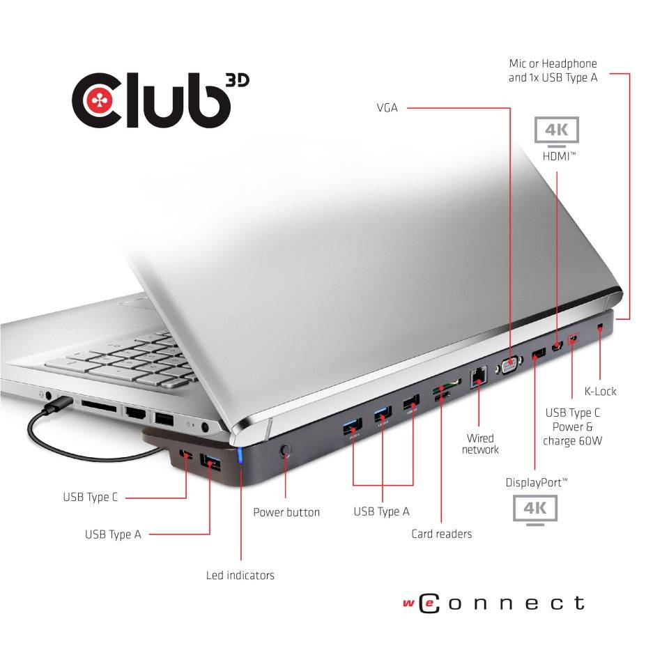 Ein Laptop mit verschiedenen Anschlüssen an der linken Seite, einschließlich USB-C, USB-A, HDMI, VGA, Kartenleser und Netzanschluss.
